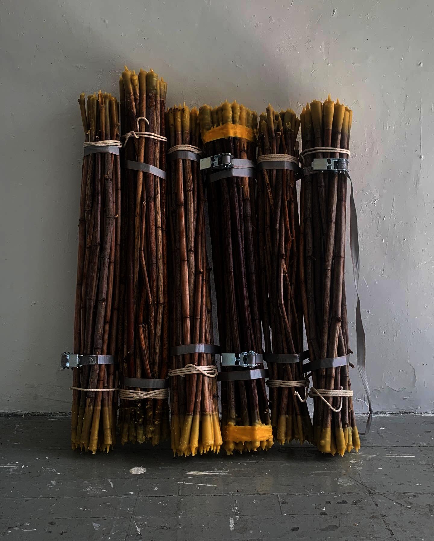 A raft made out of Japanese knotweed bundles bound together with rope and ratchet straps and capped with beeswax