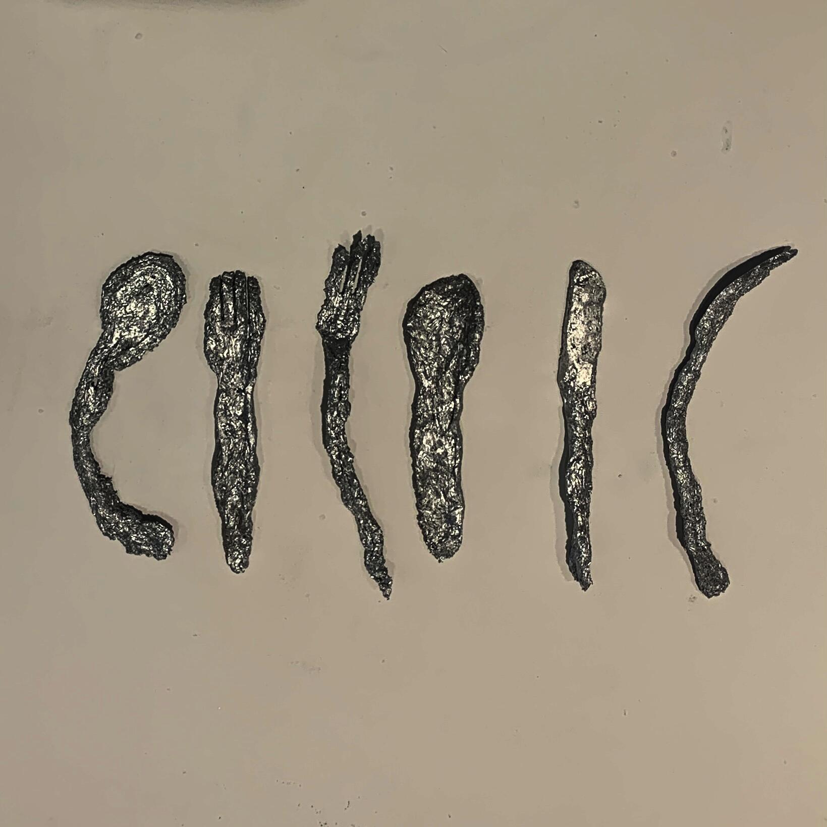 a series of six pieces of assorted cutlery made of cast knotweed powder and electroplated with silver