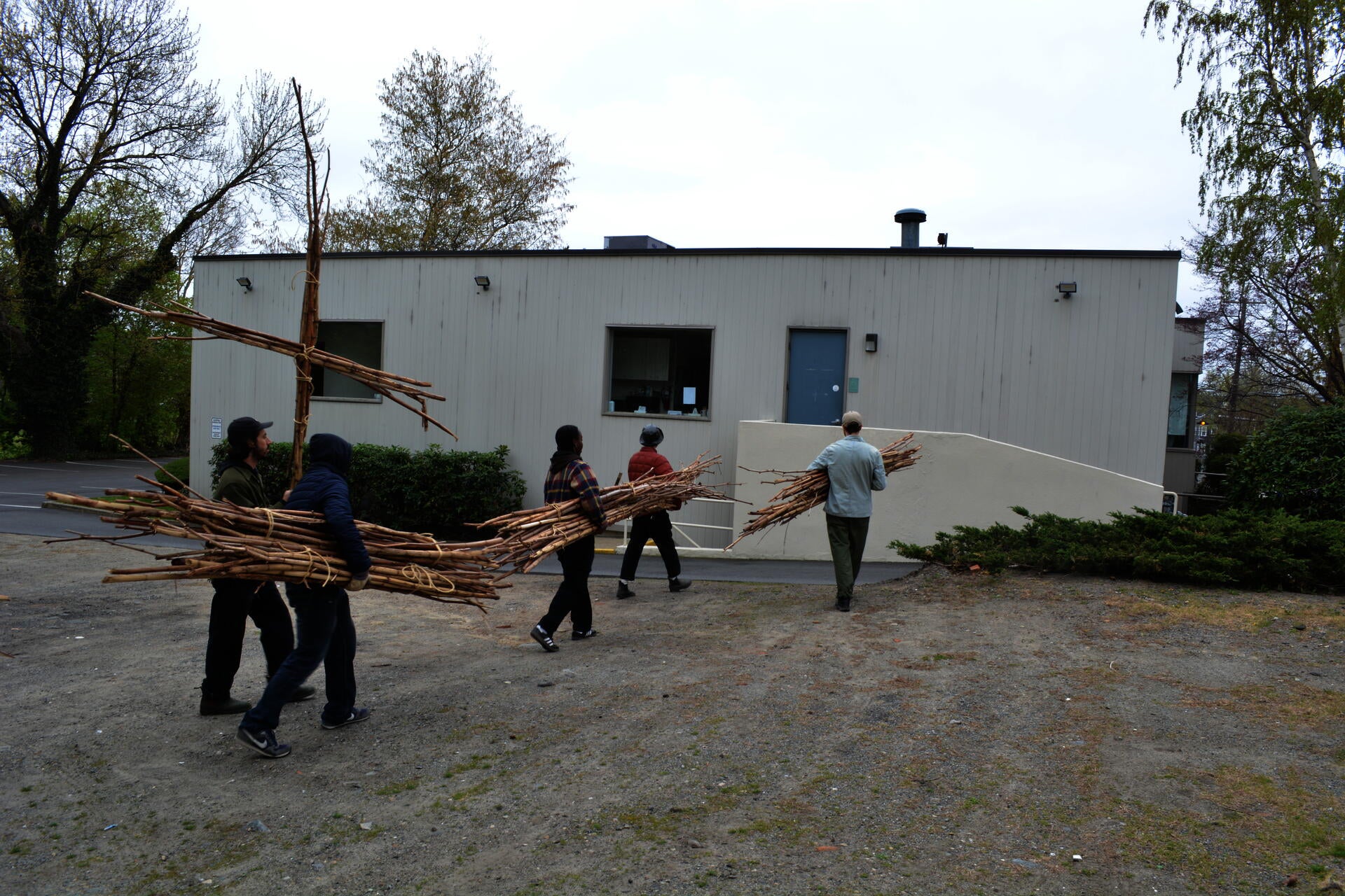 five people carrying completed bundles of knotweed through a parking lot on Gano Street in Providence