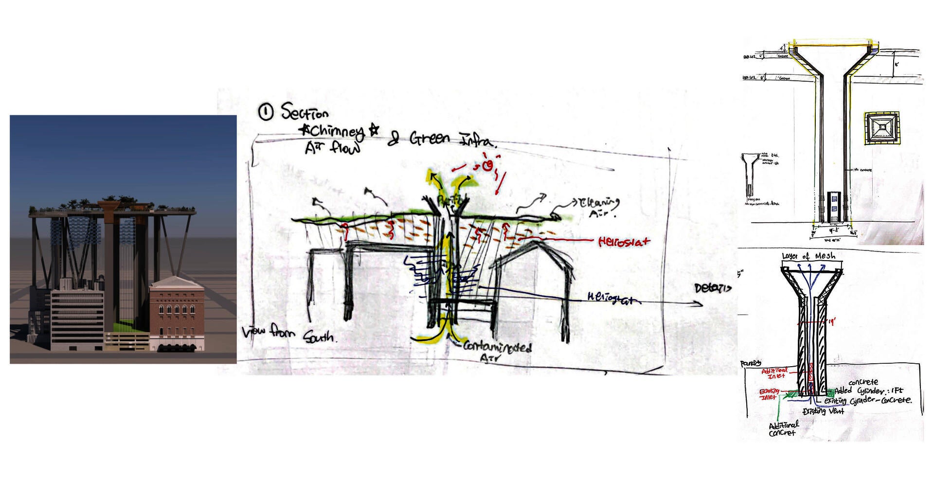 The vertically extruded and strengthened chimneys can mitigate the urban heat island effect in Manhattan. The chimneys will draw in contaminated air, filter it, and release cleaned air back into the surroundings. This process aims to combat the adverse effects of urban heat, ensuring a healthier and more sustainable environment for the city.