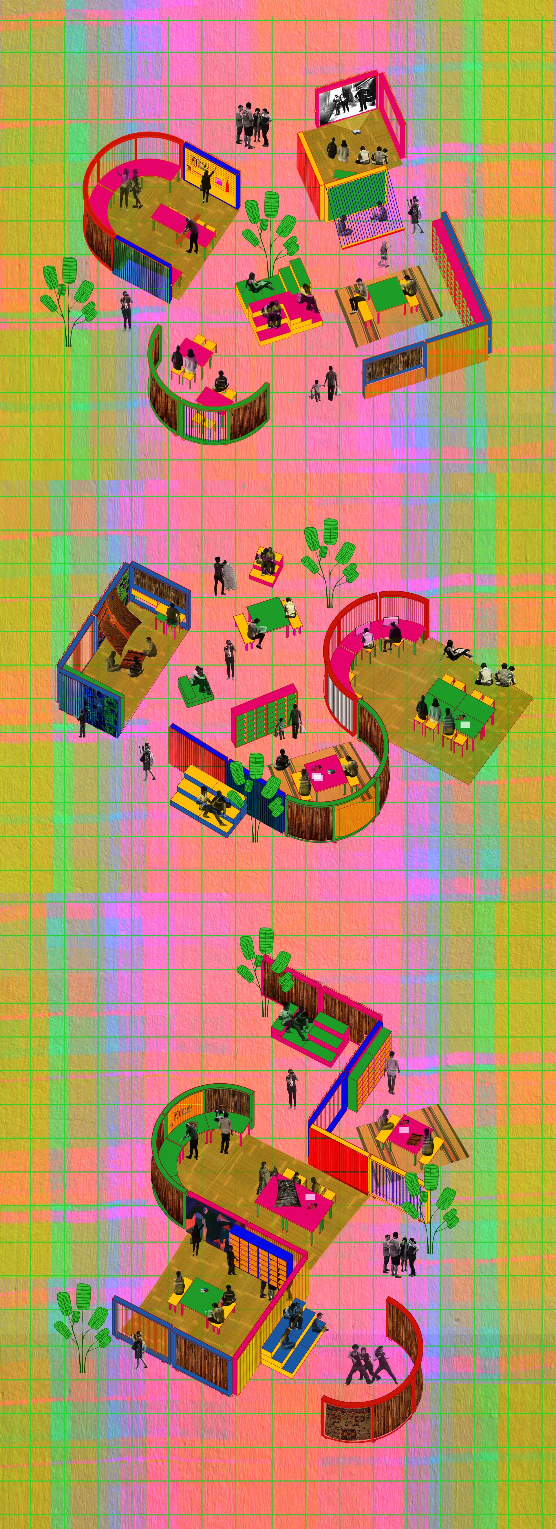 Axonometric drawing showing the different spaces that can be created with the kit of parts.