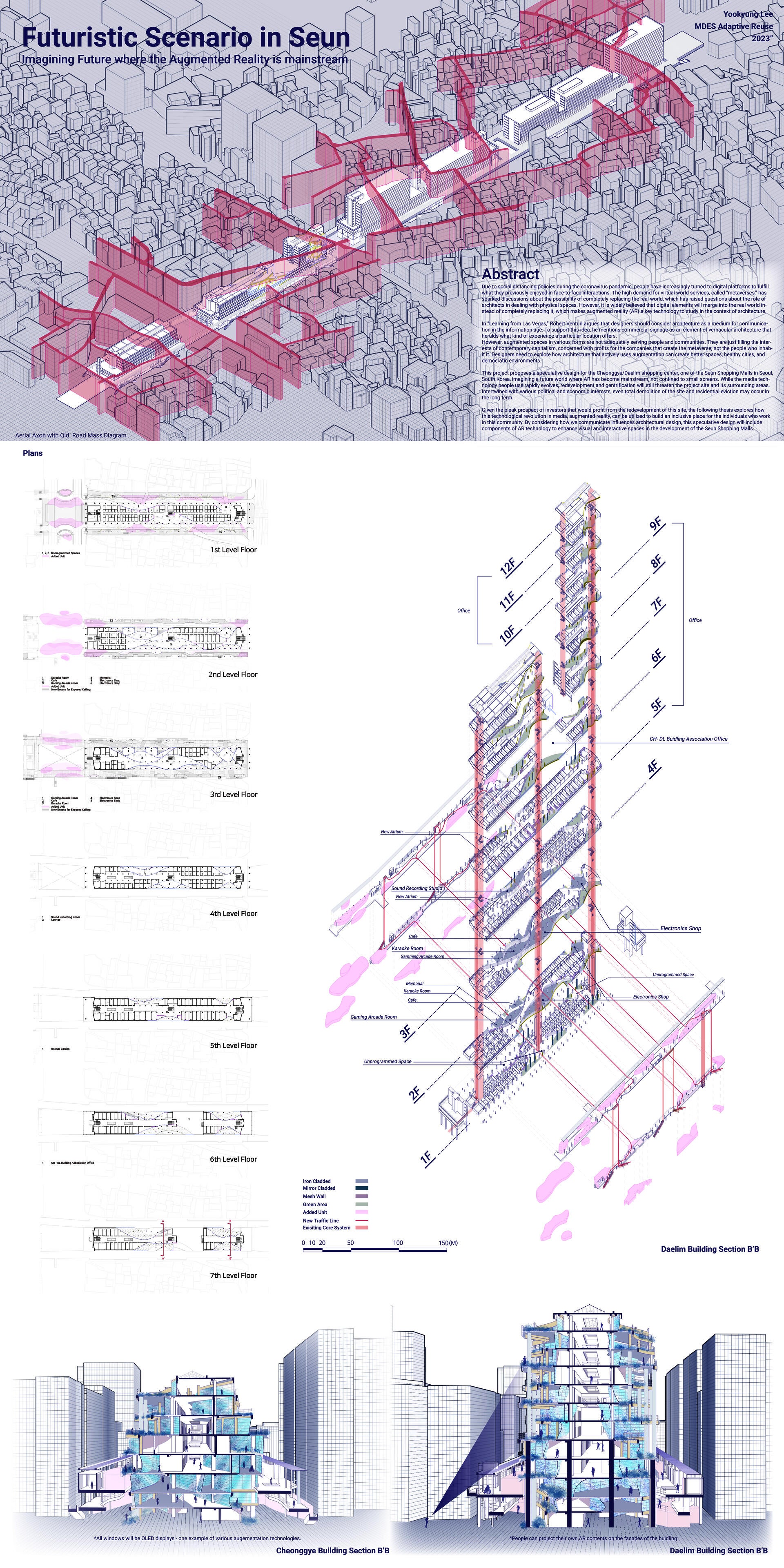 36" x 72" size panel for Grad Exhibition, including plans/ Sections / Exploded Axon / Aerial Axon