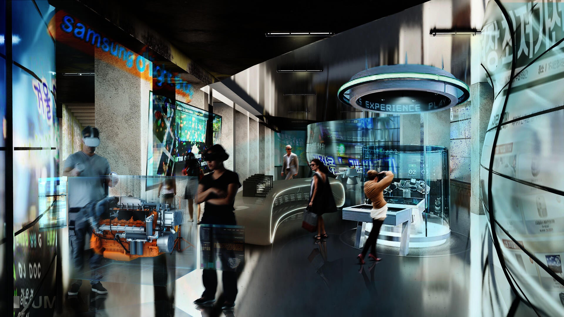 People are looking around the displayed products with AR technology