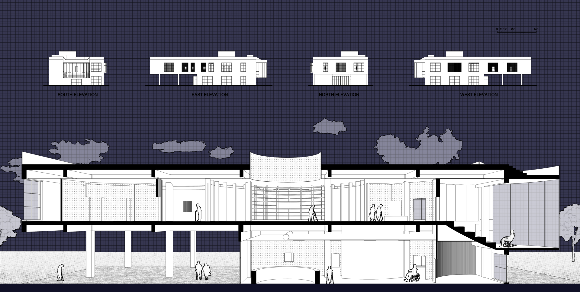 Section and elevations.
