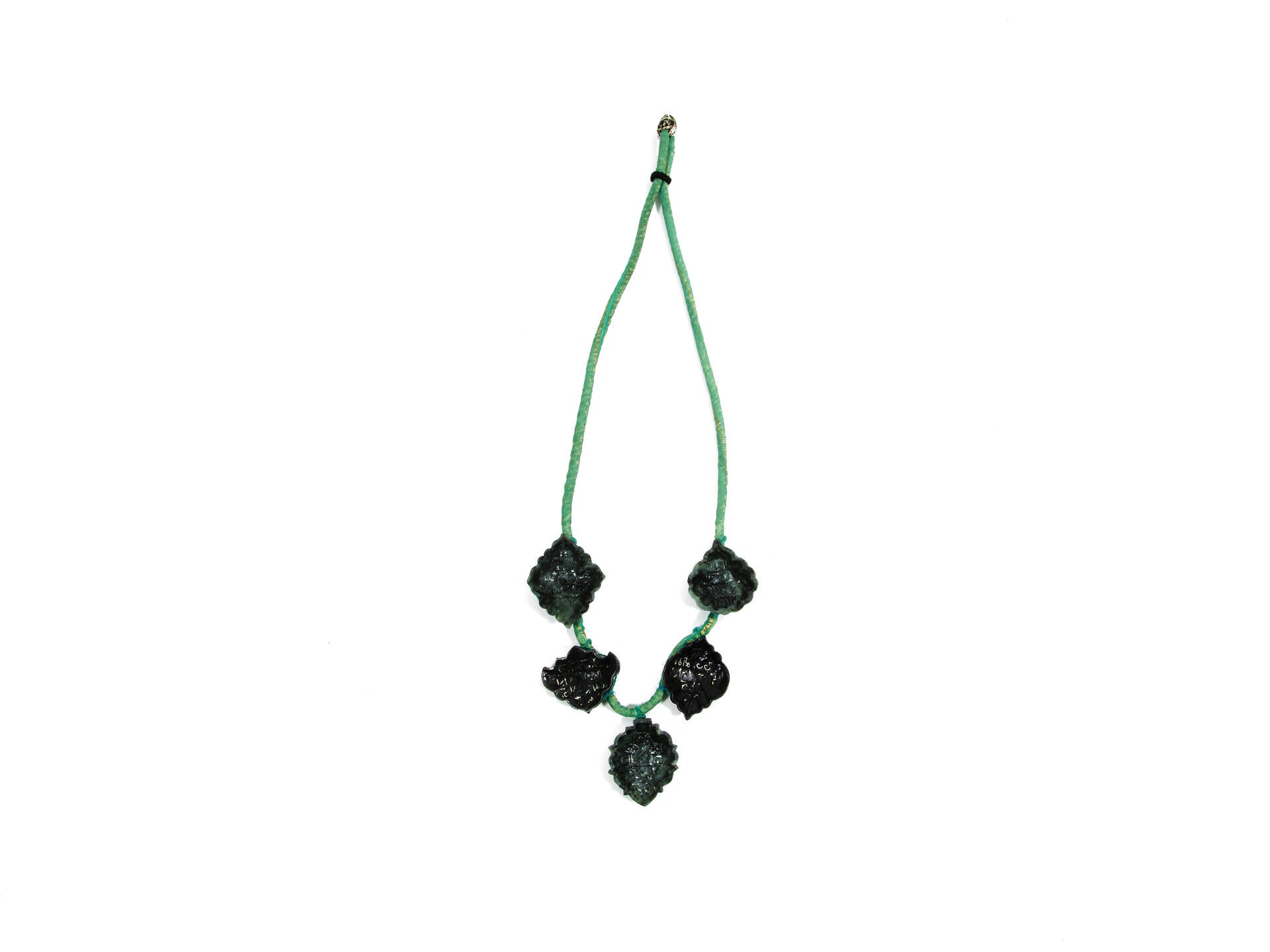 Necklace made with five soapstone confection molds and saree fabric.
