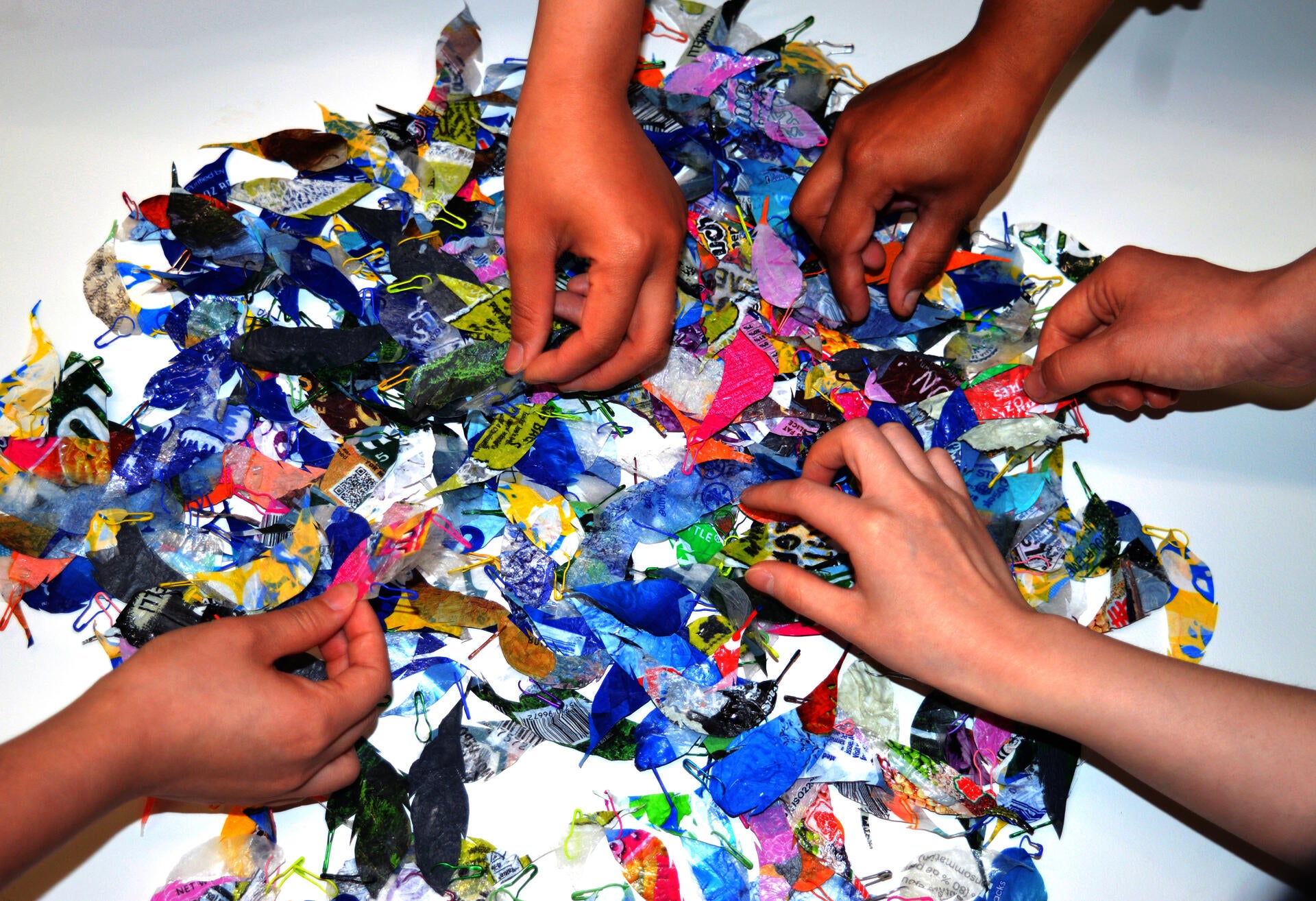 Five people are picking the feathers