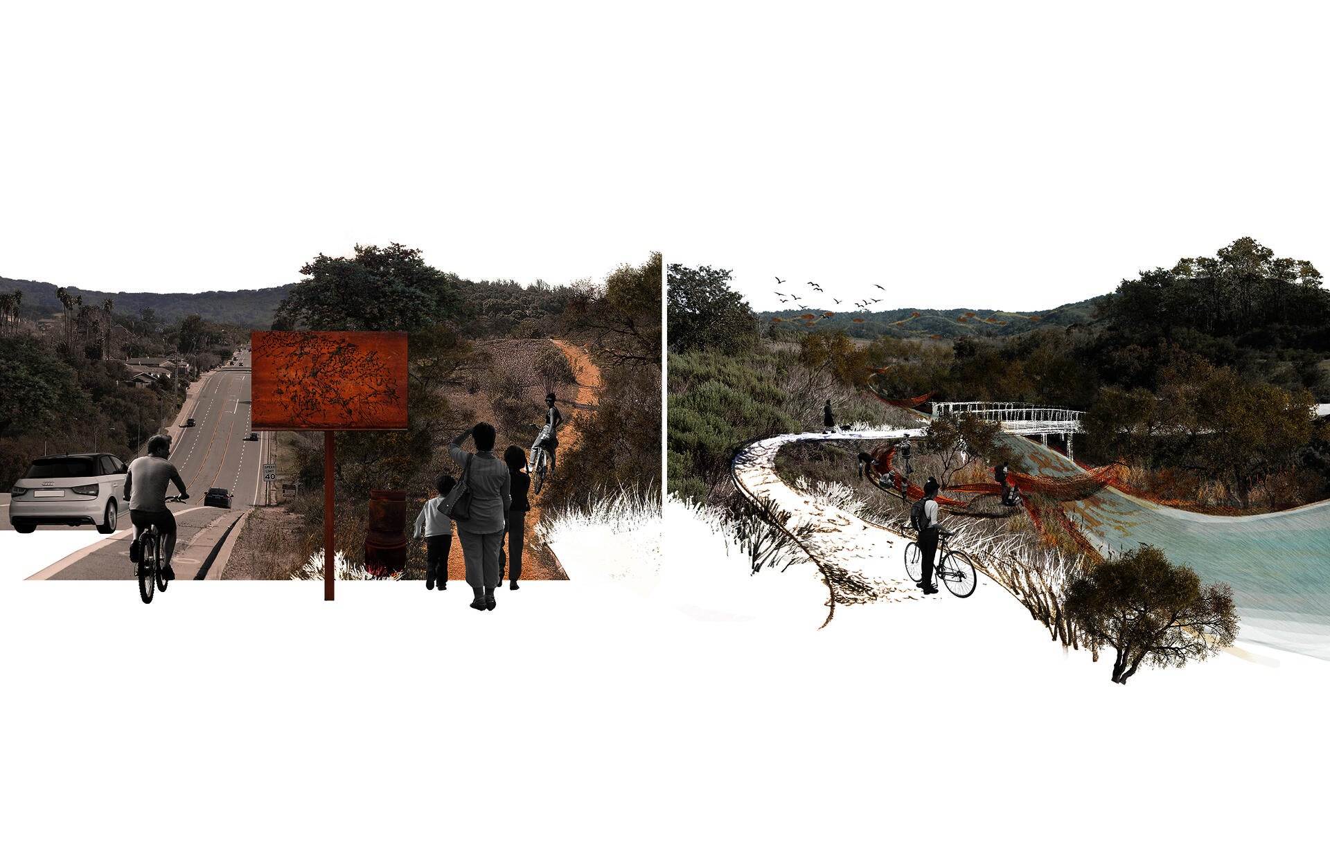 View of signs in the town (left) and from the bottom of the hill by the creek (right)
