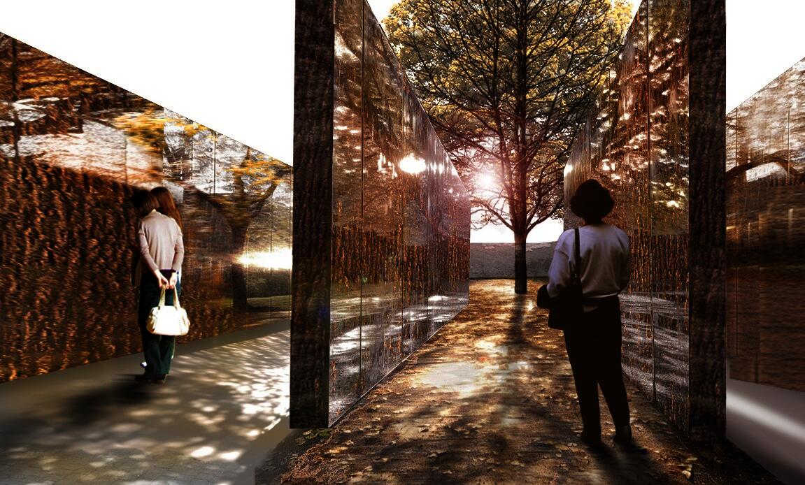 A tree cast shadow on the ground and its image is been reflected by the glass on the wall, people are enjoying the reflecting view of the tree on the wall.