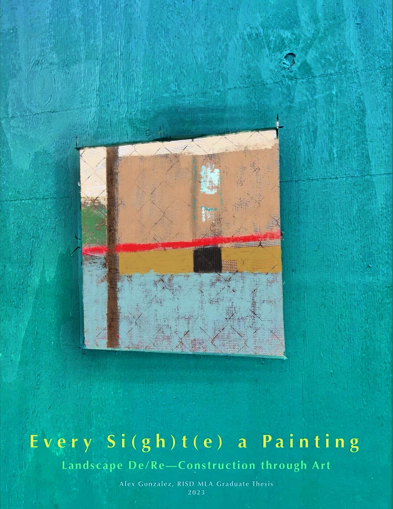 A photograph of sheet of plywood painted blue with a square hole framing a well composed view of the space–painted over digitally to look like a hung canvas.