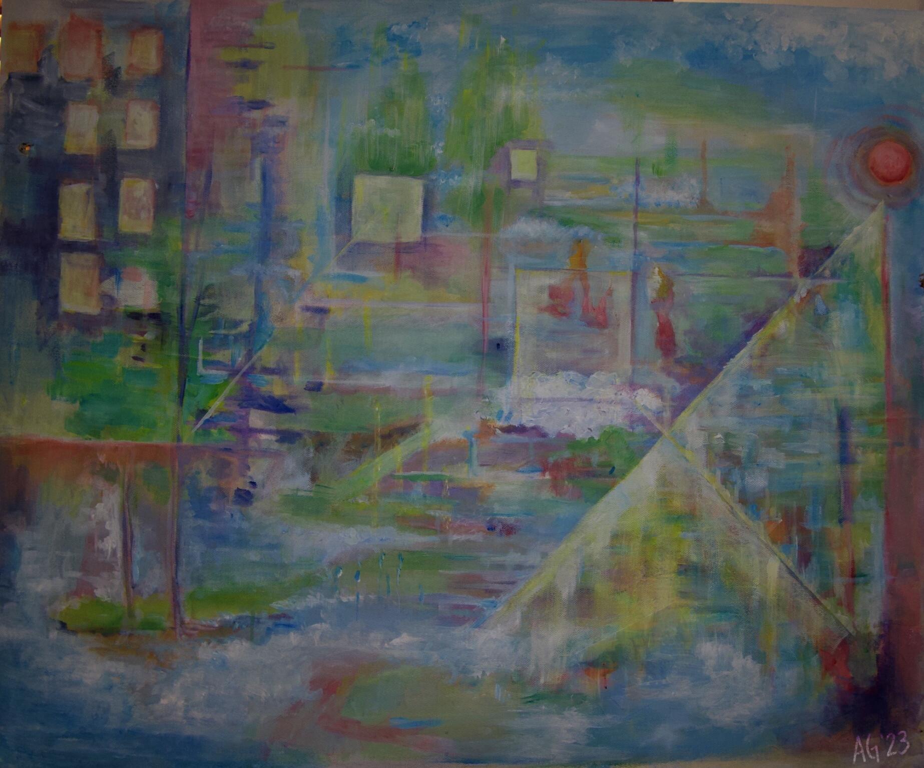 A large scale abstract landscape painting that hints at trees, water, skies, and the relationship between "nature" and the built environment.