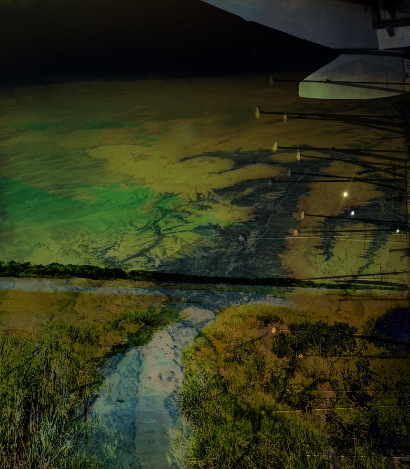 A collage of 3 landscape photographs at different scales superimposed with one another to create one ambiguous view of river systems.