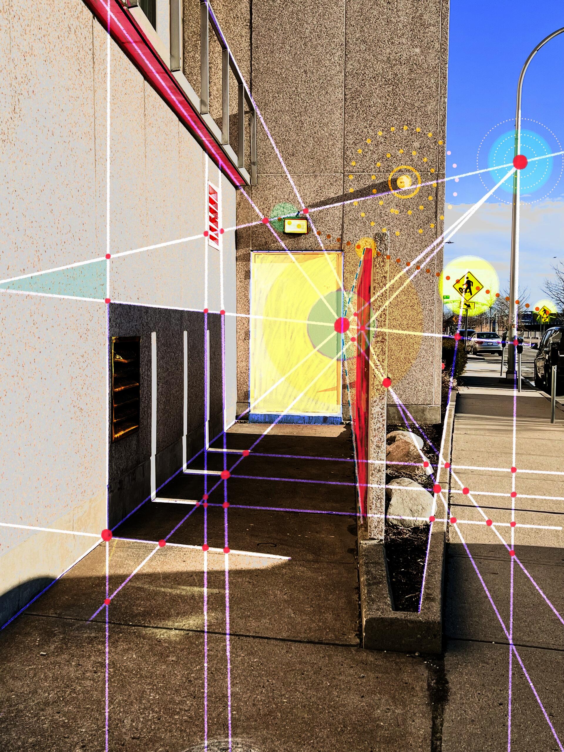 A well composed photograph of the side of the street on S. Water st.–lines andf shapes have been drawn on the image connecting points of interest
