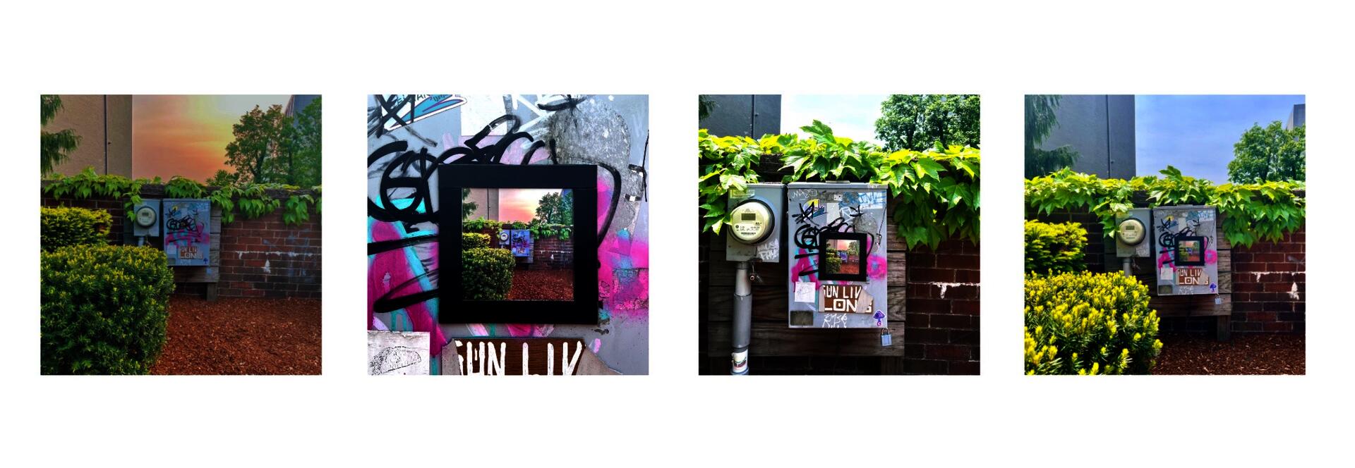 A series of 4 images of a utility box, a photograph of the site has been printed, framed, and hung on the site.