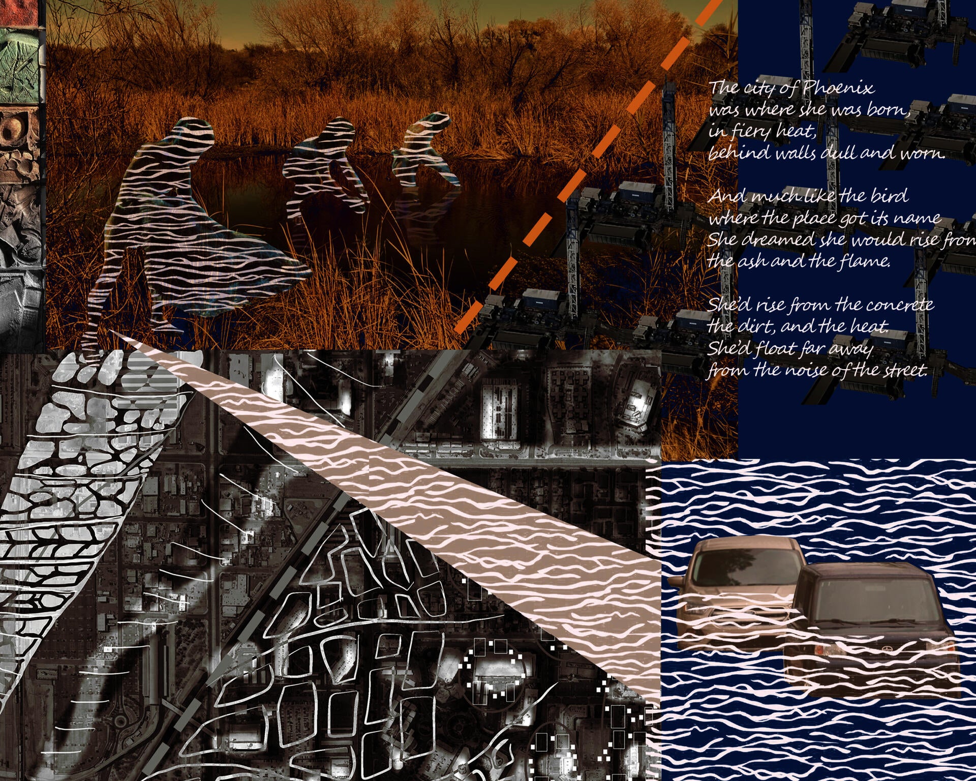 The collage of current civilization and Hohokam overlapping on the land of Phoenix.