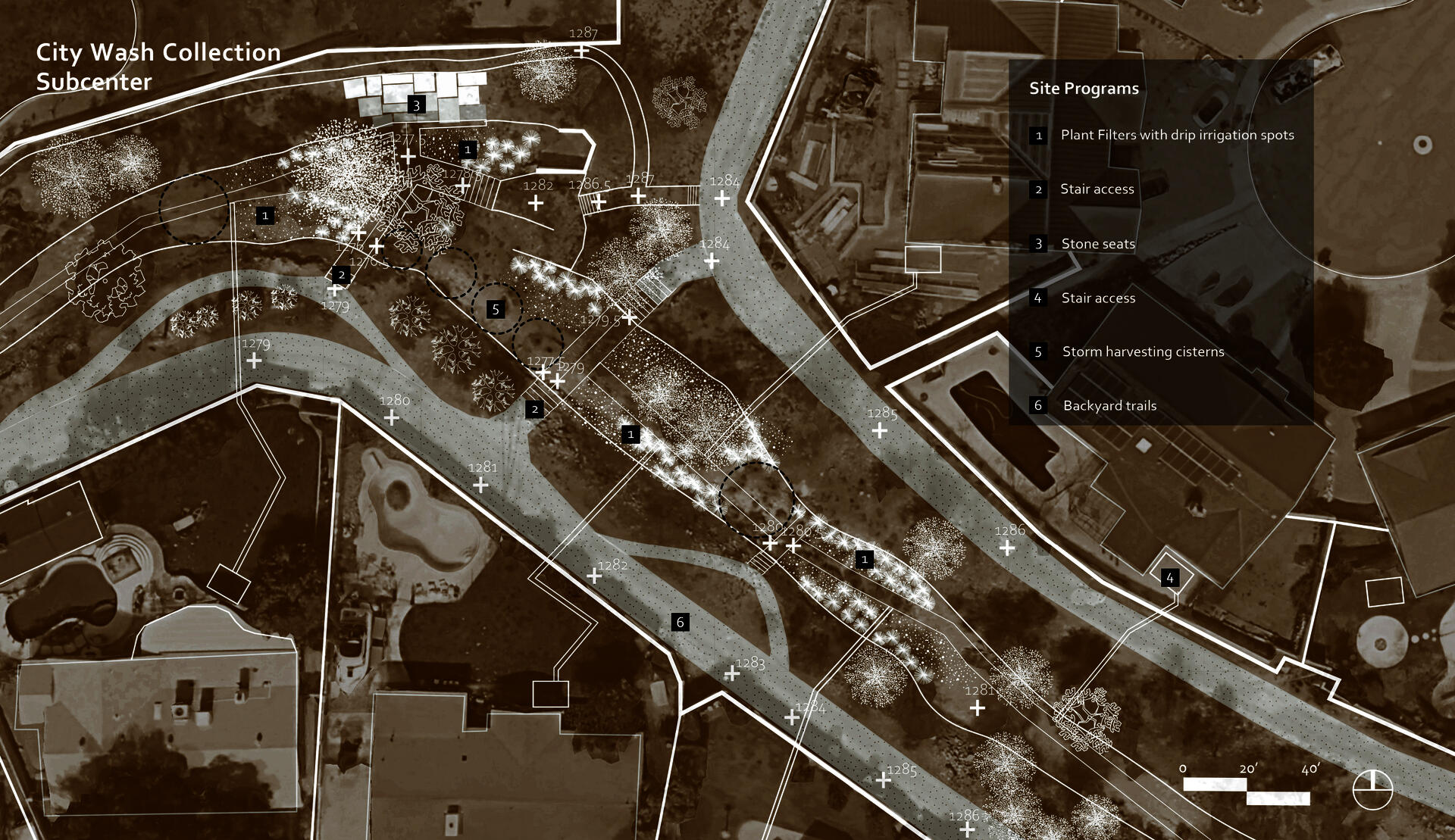 Zoom-in plan view of the city wash collection subcenter with program list.