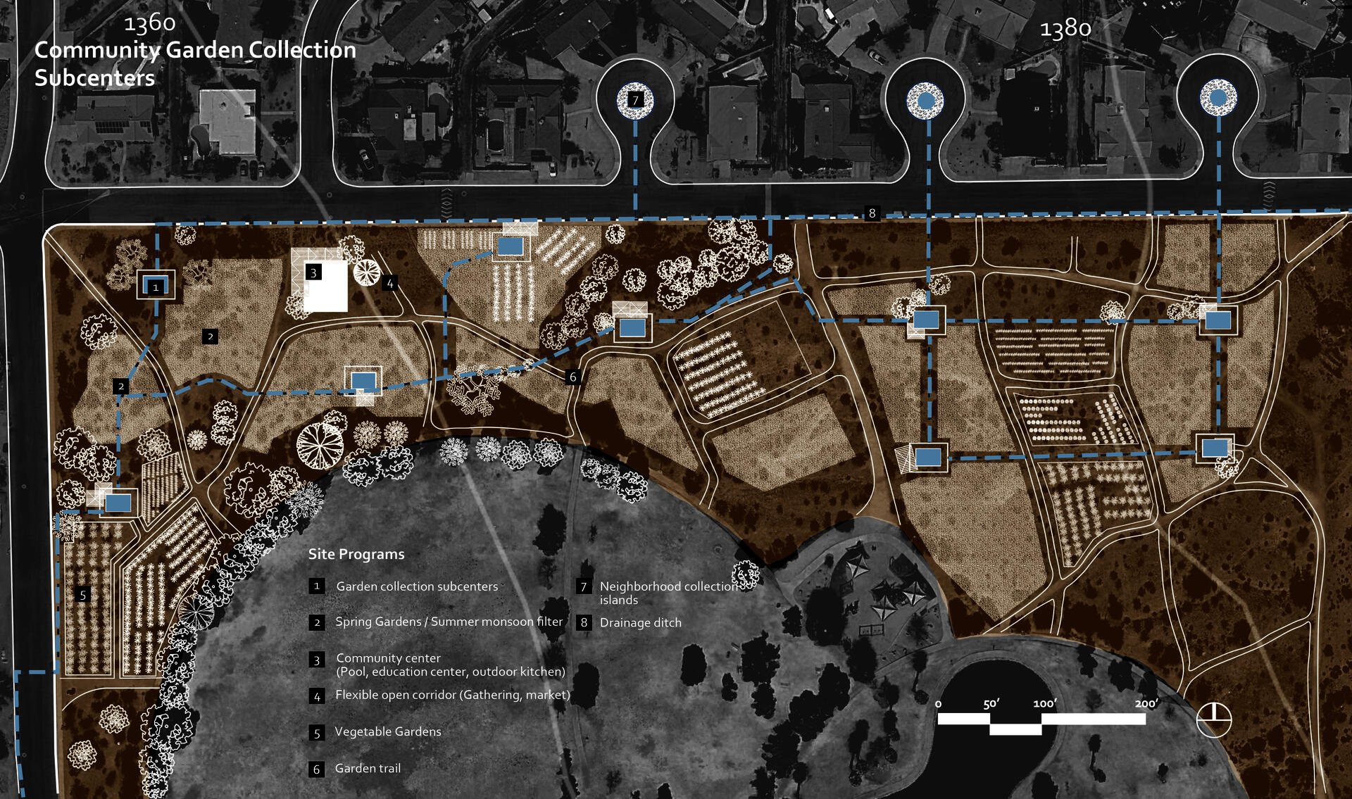 Zoom-in plan view of the whole community garden and community center layout