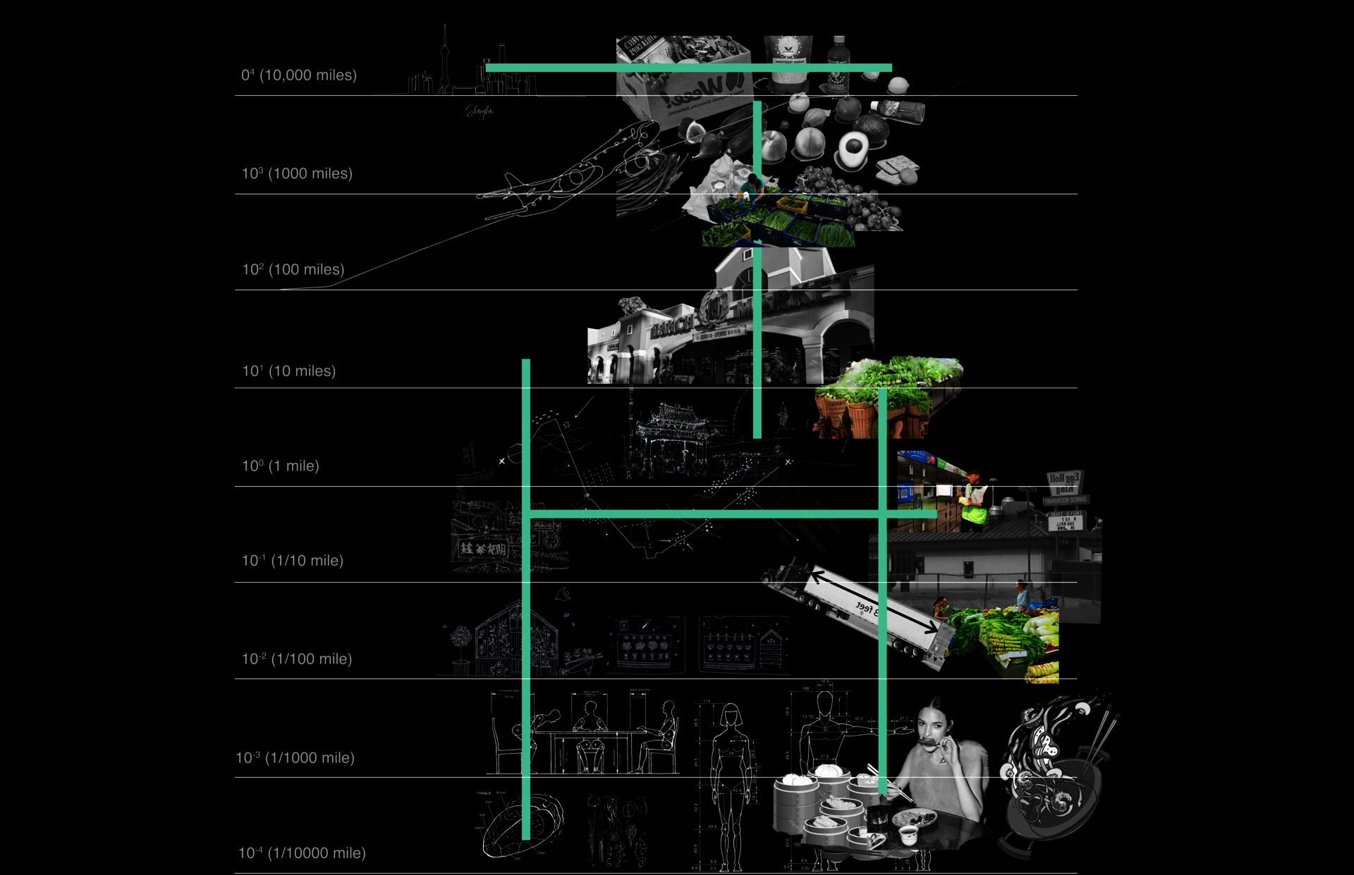 Analyzing that our cognition of food is limited by the mode of transportation on different spatial scales, the Chinese Market has become the core site.