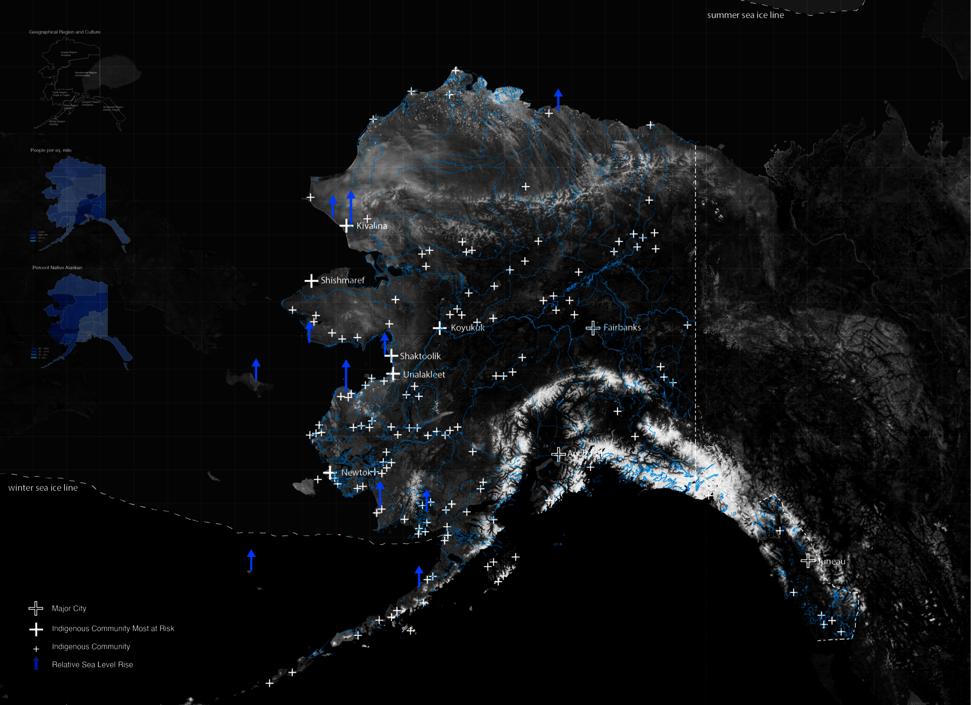 The dire circumstances of five severely affected villages situated along the Alaskan coastline. These communities are confronted with the imminent threat of land loss, rendering them climate refugees. Dependent on the ocean for sustenance, they now find themselves compelled to adapt their subsistence practices due to the escalating impact of climate change. This situation necessitates urgent attention and the implementation of resilient strategies.