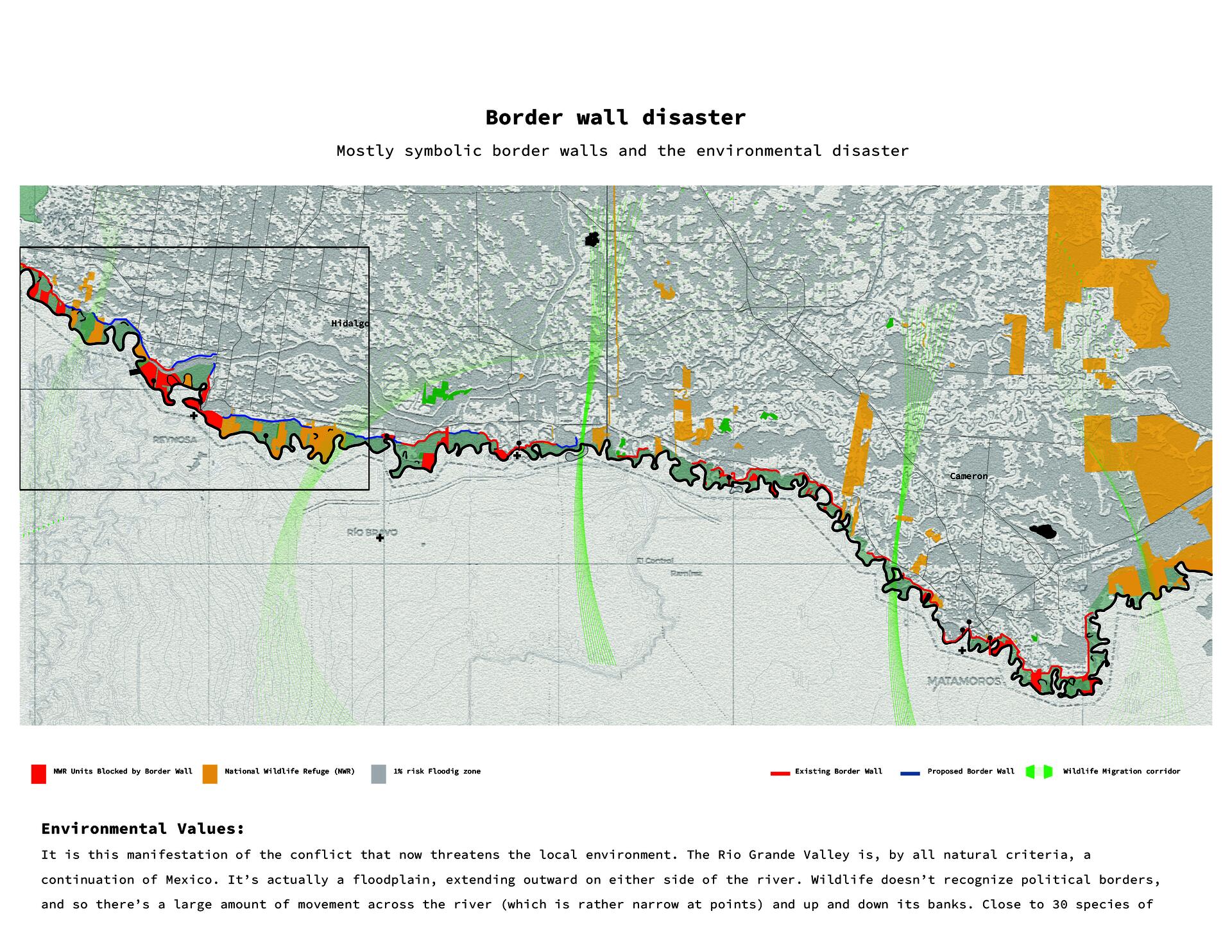 It is this manifestation of the conflict that now threatens the local environment. The Rio Grande Valley is, by all natural criteria, a continuation of Mexico. It’s actually a floodplain, extending outward on either side of the river. Wildlife doesn’t recognize political borders, and so there’s a large amount of movement across the river (which is rather narrow at points) and up and down its banks. Dammed migration routes and affected national wildlife refuge. Border has its ecological and natural subjects