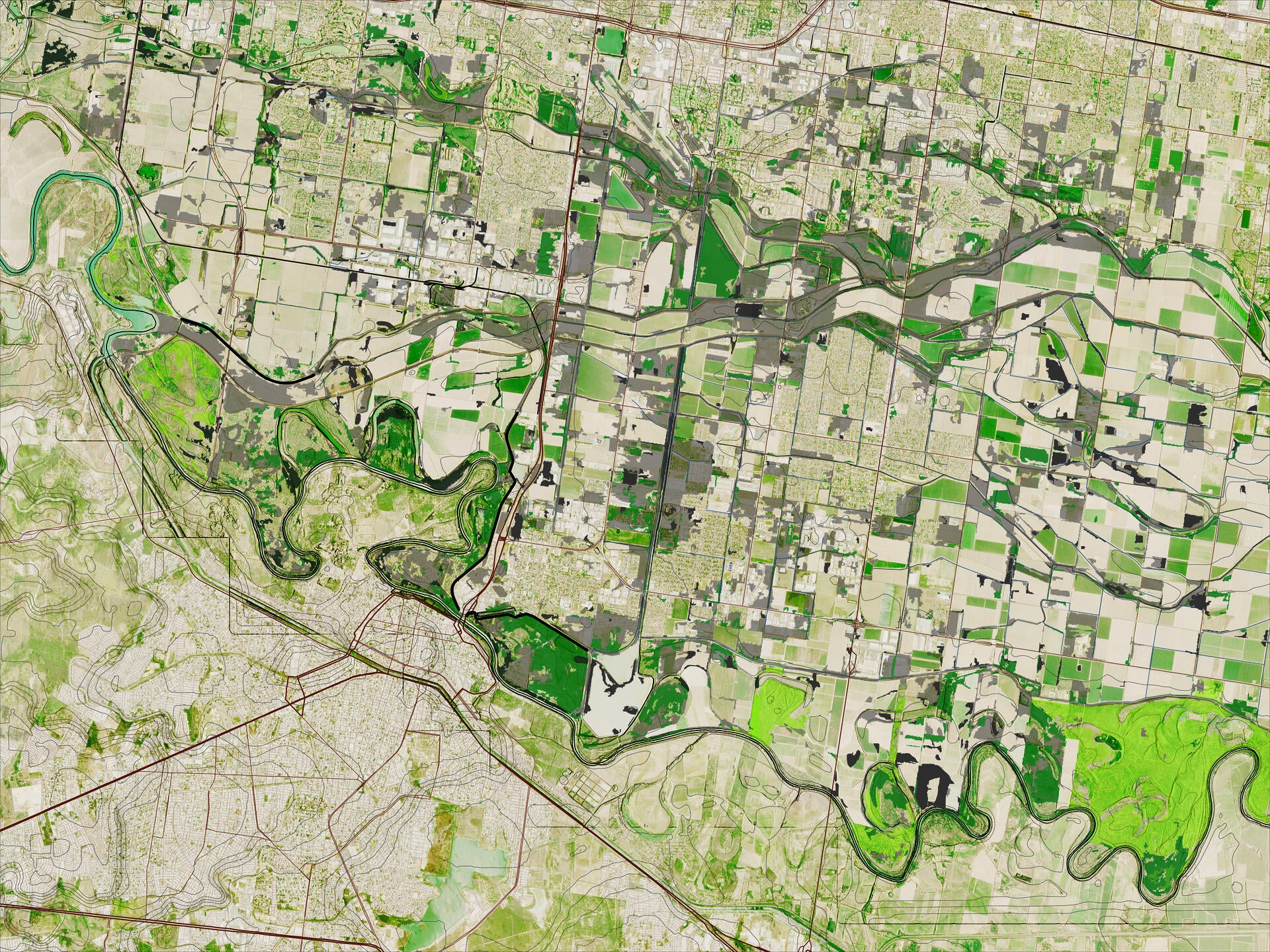 Existing condition. Grey means disturbed grasslands and abandoned farmlands. The riparian corridor has been segregated by farmlands and urban contexts on both sides of the river/border.