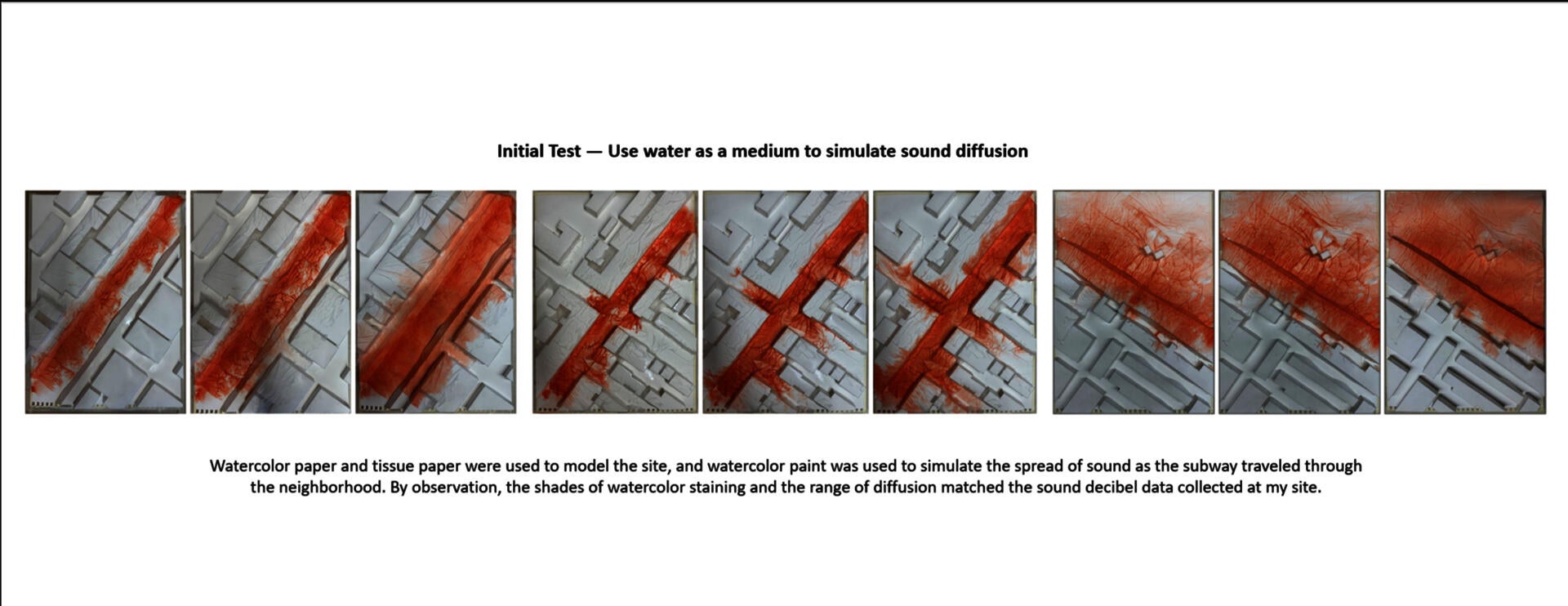Experimenting with sound diffusion on a white model using orange watercolor.