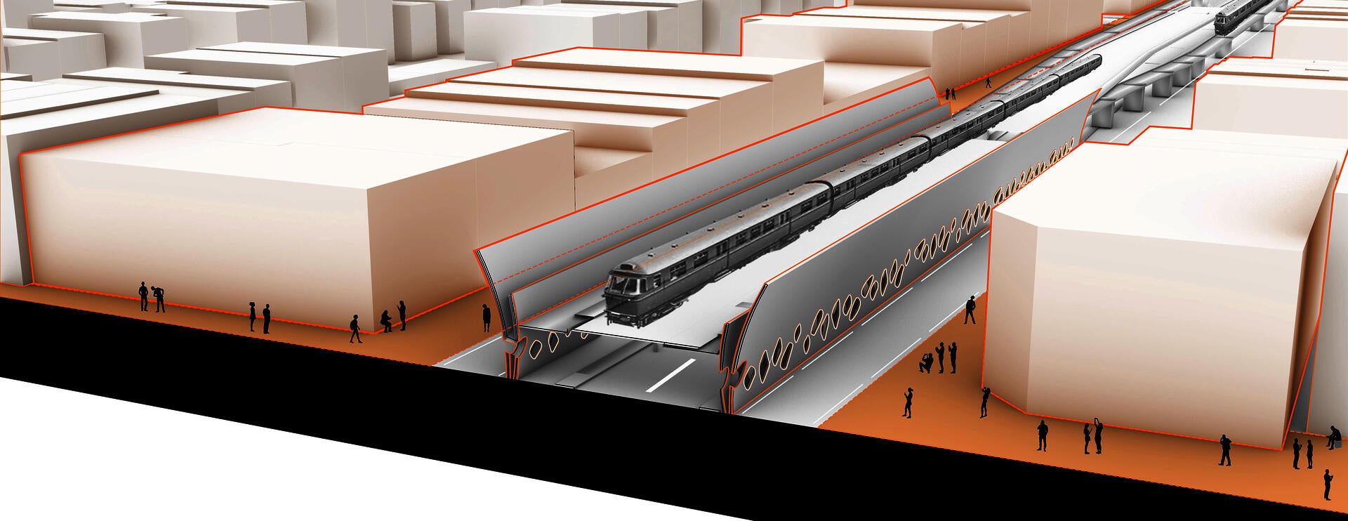 Sound wall façade structure design next to the viaduct roadbed.