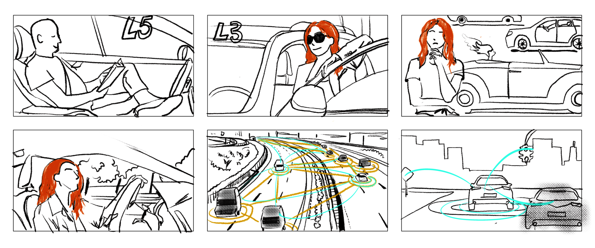 Our persona, Ava's storyboard shows her driving a traditional car when the cars around her are fully autonomous.