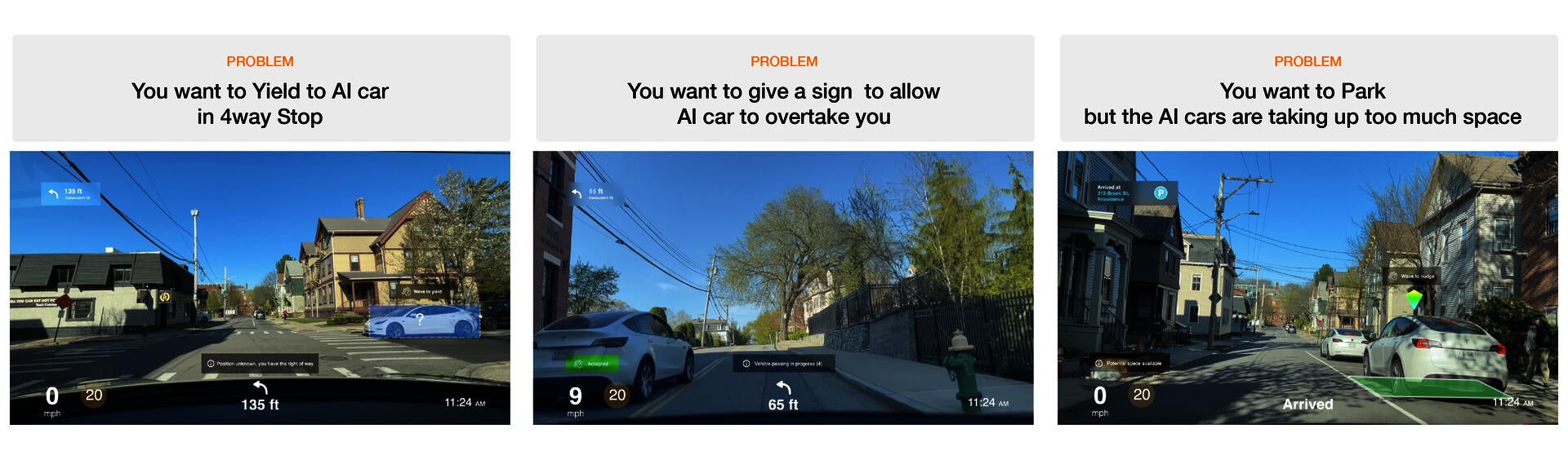Videos of the Orca in use: from setting up the Orca in your car to how you interest the UI in three different driving scenarios when facing autonomous vehicles.
