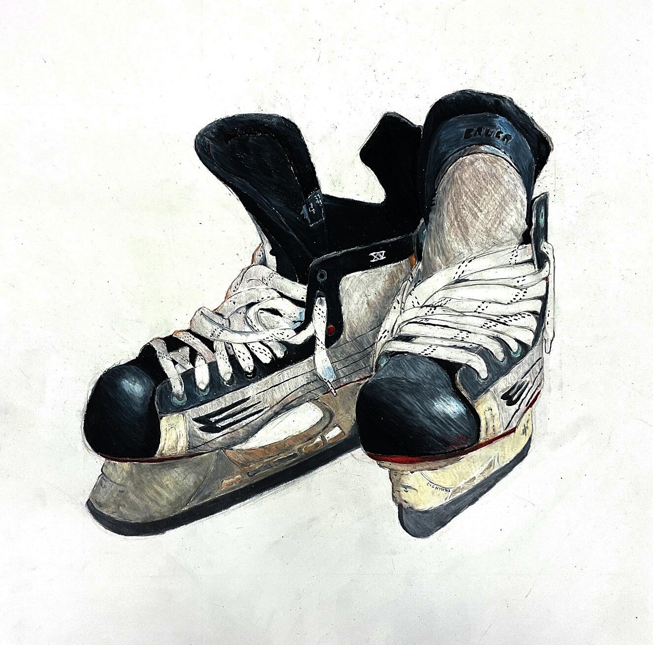 Advanced Art 1, Cranston High School East. Completed “Treasured Objects” Assignment depicting student hockey skates.