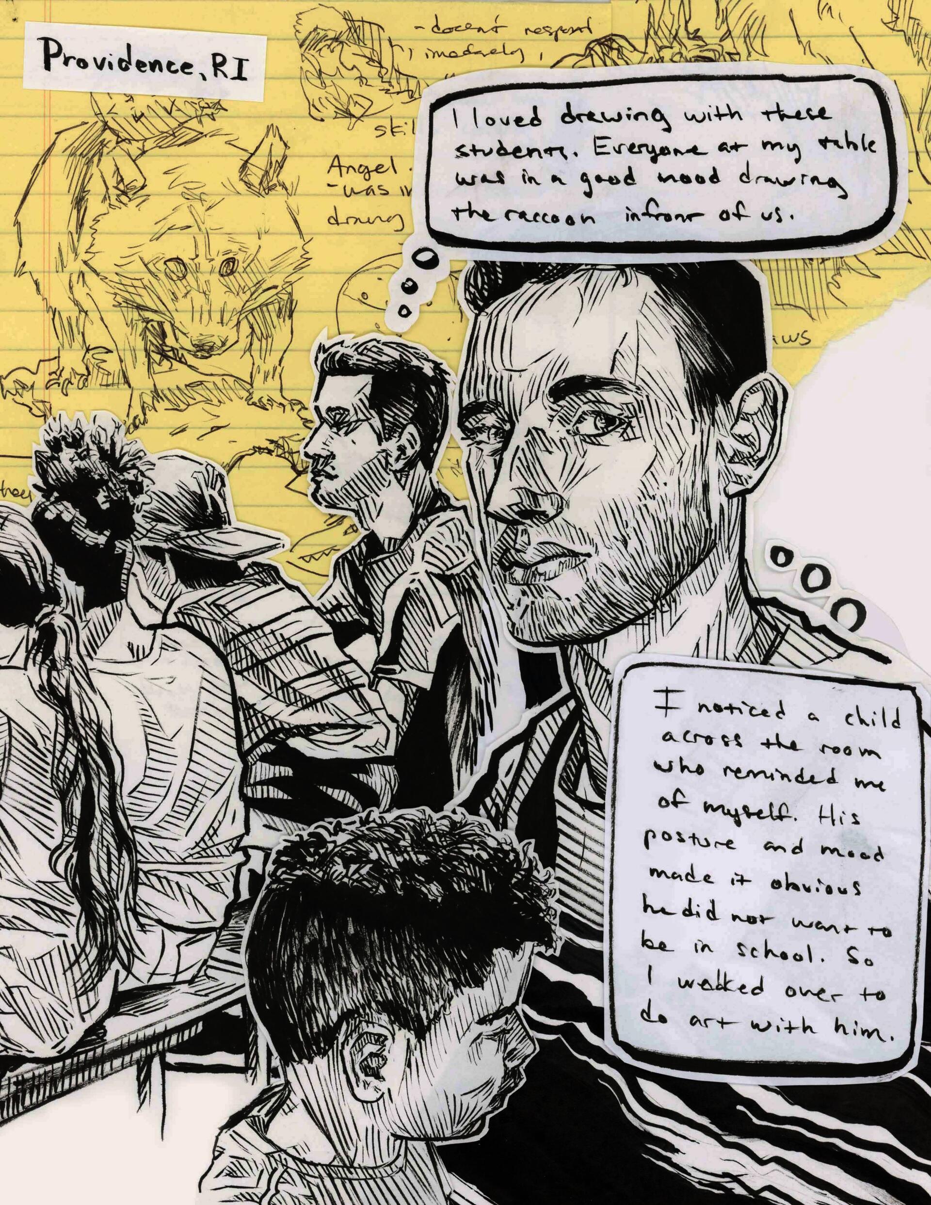 Student teacher notices a student while drawing.