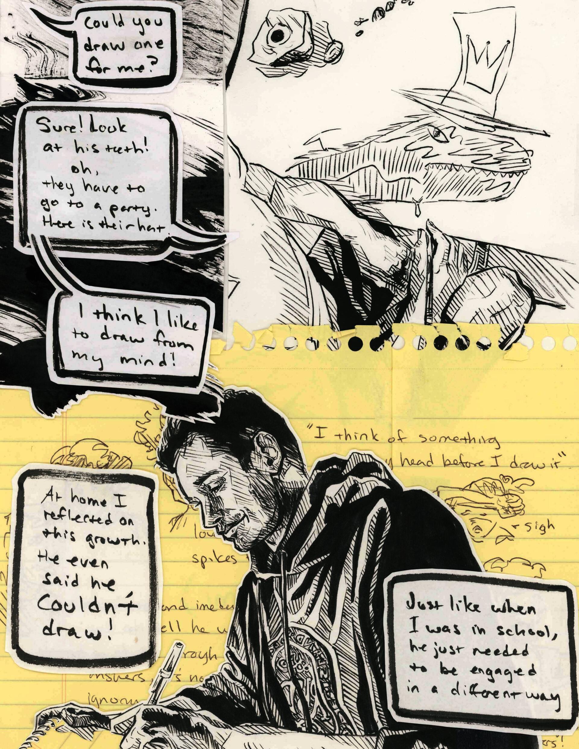 Overview of students drawing and teacher drawing in book.