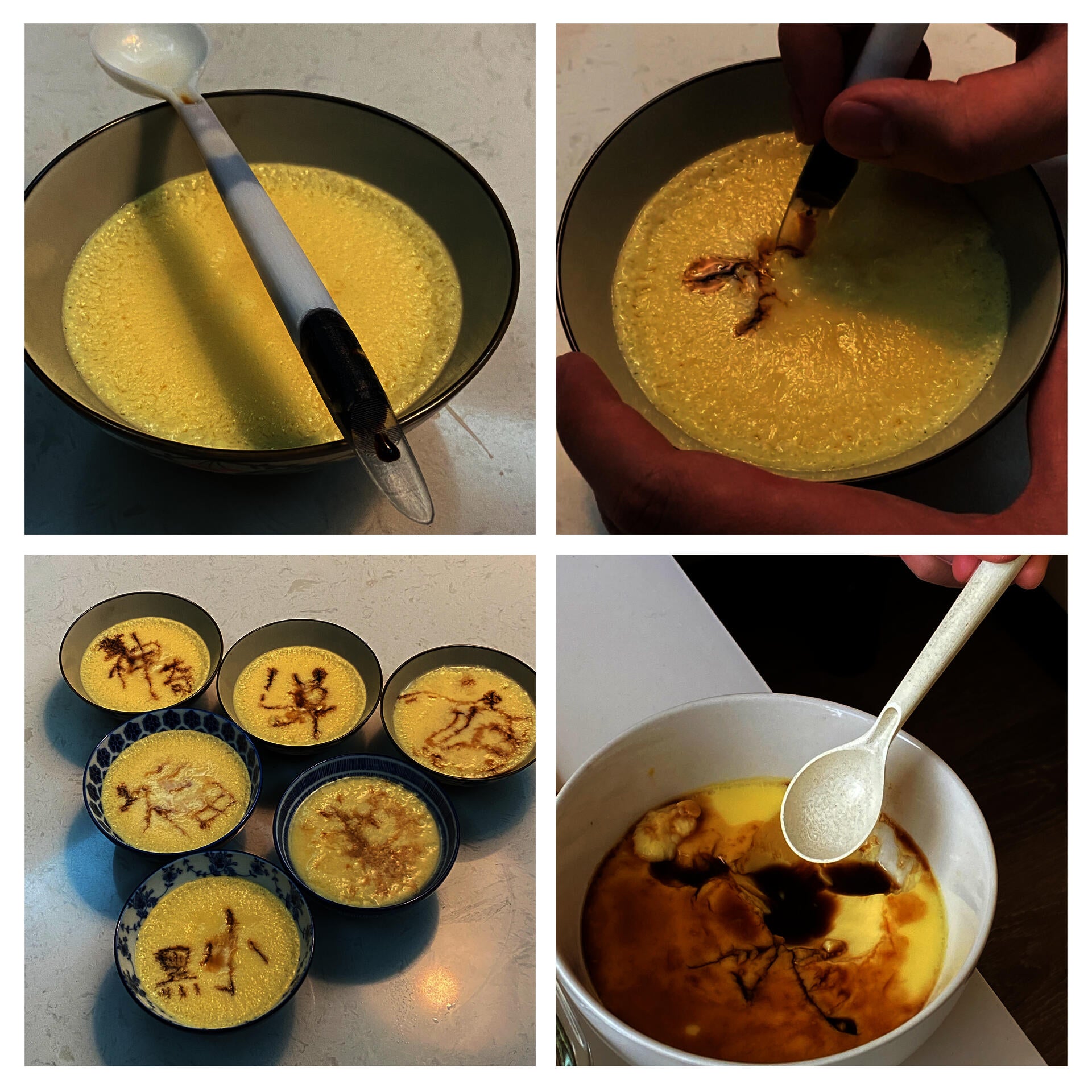 A set of pictures showing how to use a white spoon to eat steam egg