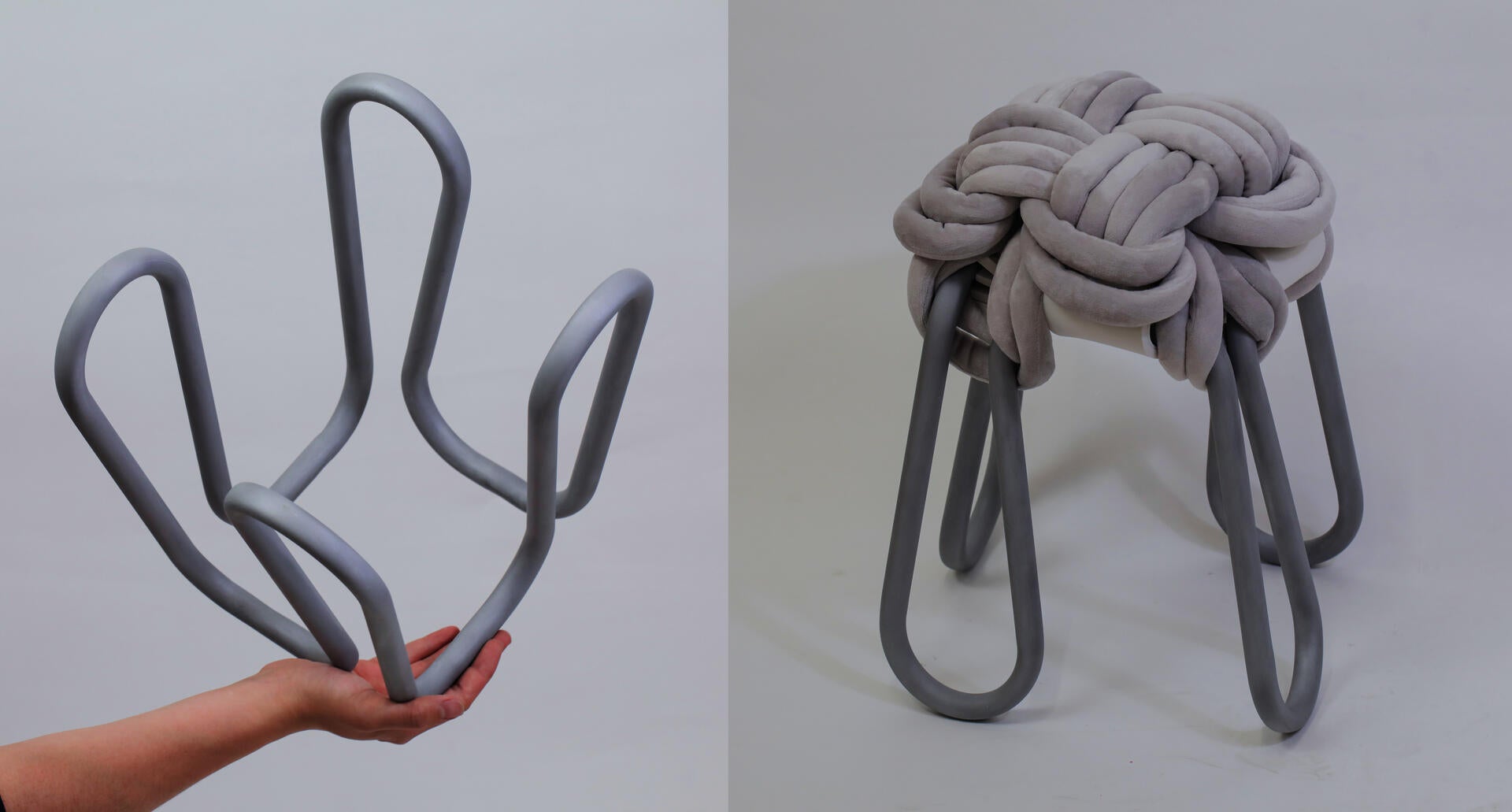 A hand is holding a loop-shaped metal tube stool frame on the left and a grey knot stool on a white background on the right