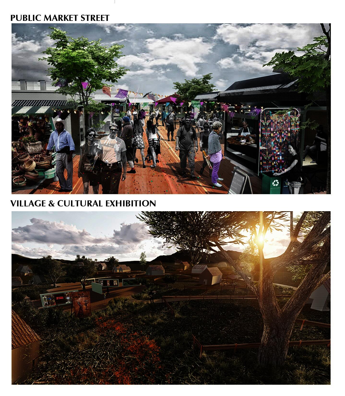 RENDERINGS FOR TEST SITE Showcasing how the public market streets can be used with some flexible infrastructure to meet sales needs (or camping needs), while the cultural atmosphere of the village will be shown through different events held on a regular basis, which will also be an important channel to link them with the locals.