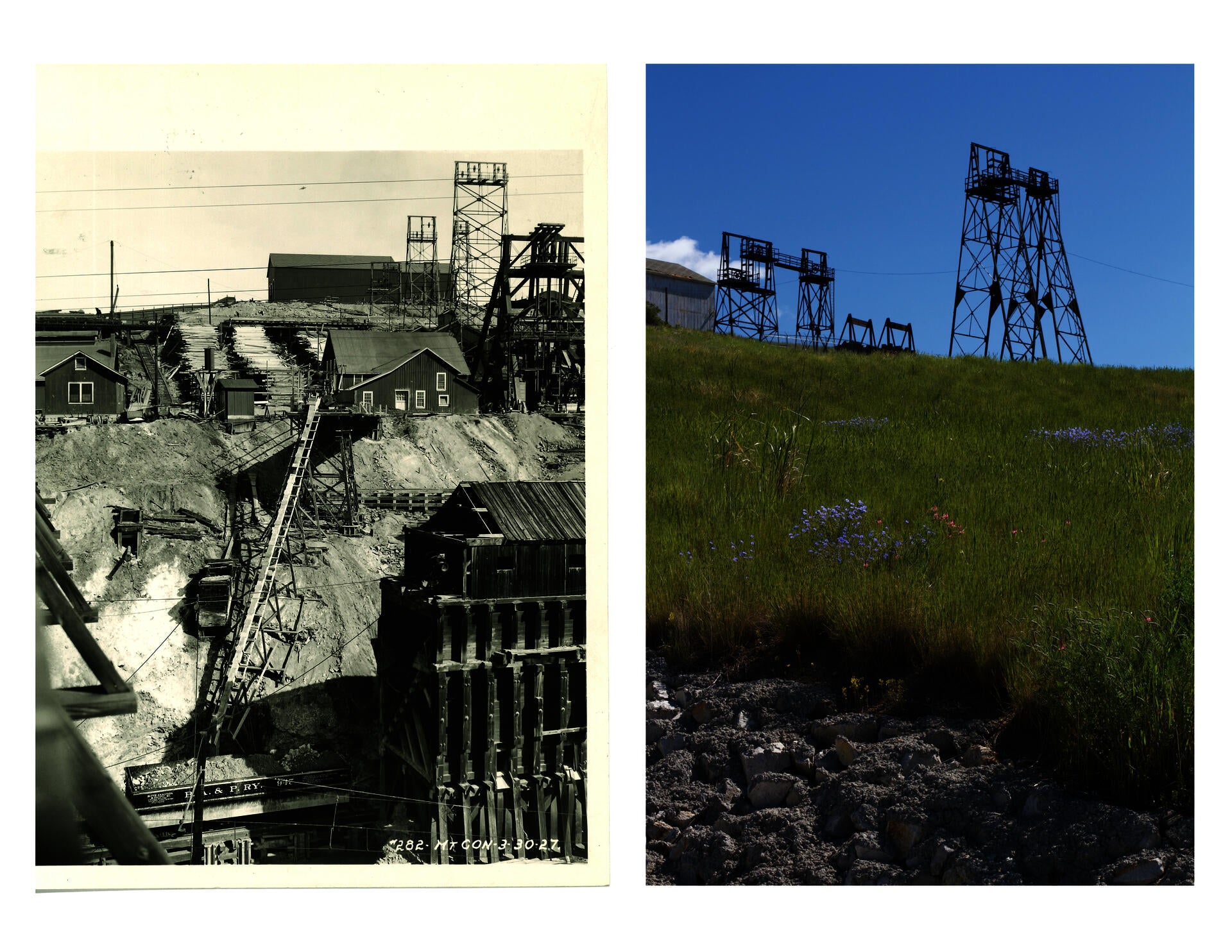 Two photographs taken roughly one century apart depicting the Mountain Con headframe, one site of underground copper mining in Butte. The archival photo on the left, from the Anaconda Copper Mining Company Collection at Butte Silver-Bow Public Archives, shows the workscape where miners loaded copper ore onto BA&P railcars for transport to the smelter. There are various buildings and a large timber reserve. The contemporary DSLR photograph on the right looks up from below at the headframe and the remediated