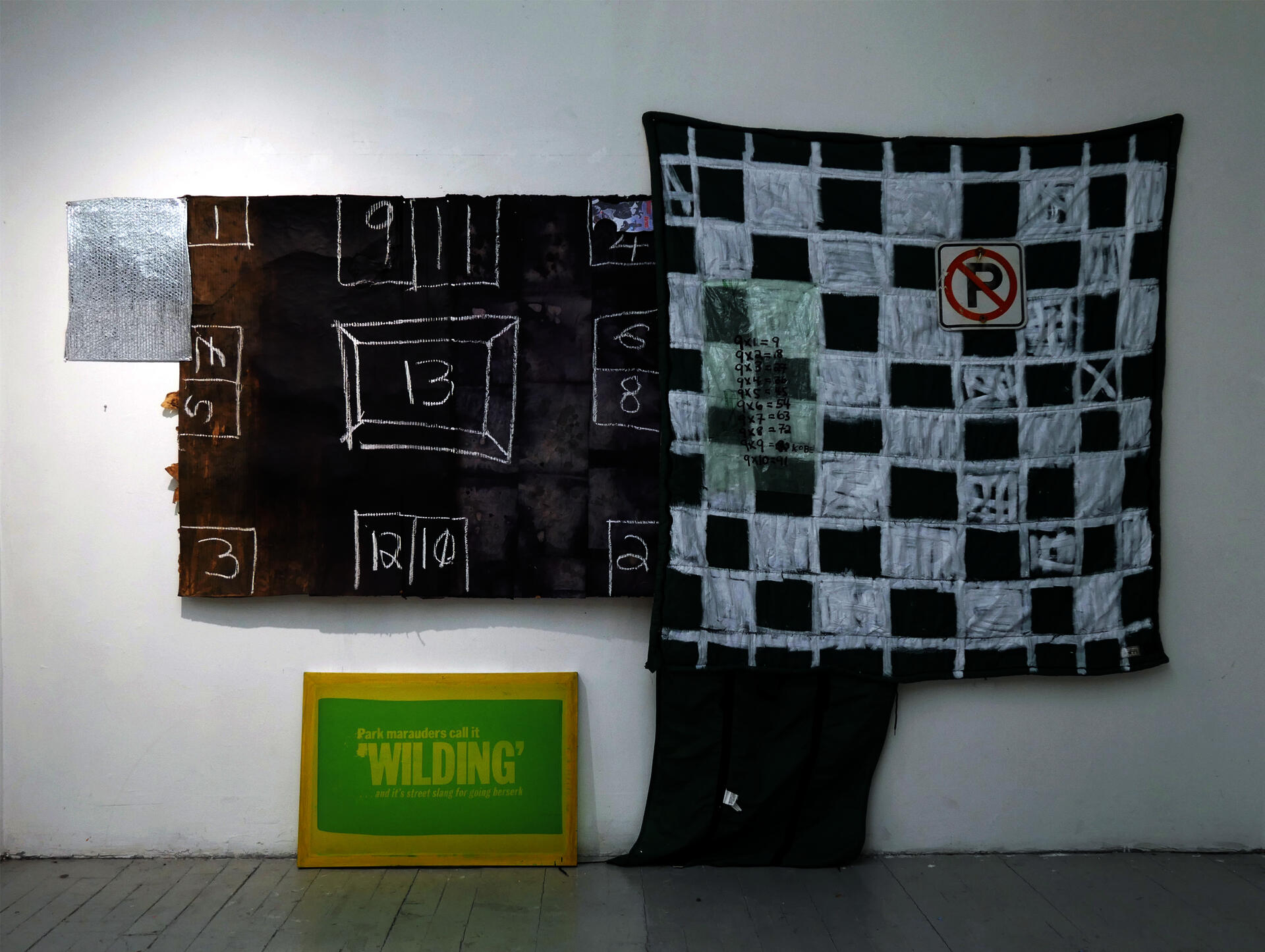Mixed-media on dyed paper towels applied to cardboard and a sleeping bag