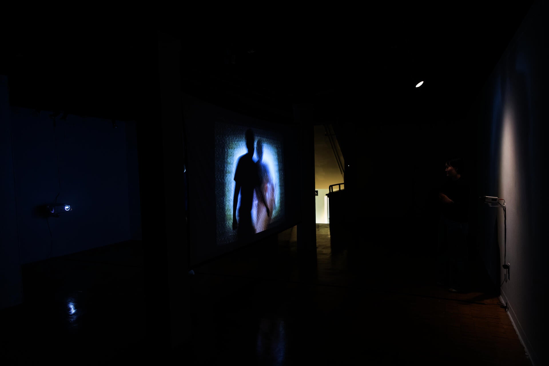 Person in front of projection screen with their image projected onto the screen