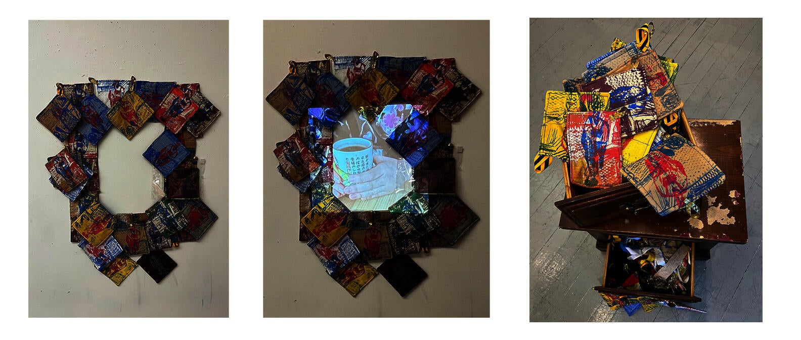 Screenprinting on thrift placemats and pillow cases and side table