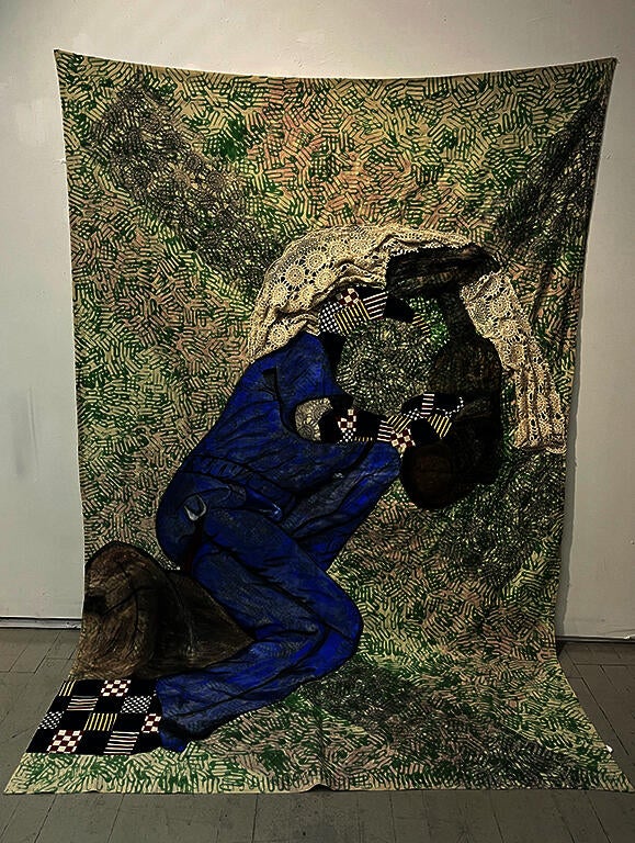 Fabric collage, potato masher painting and screen printing on thrift bedsheet