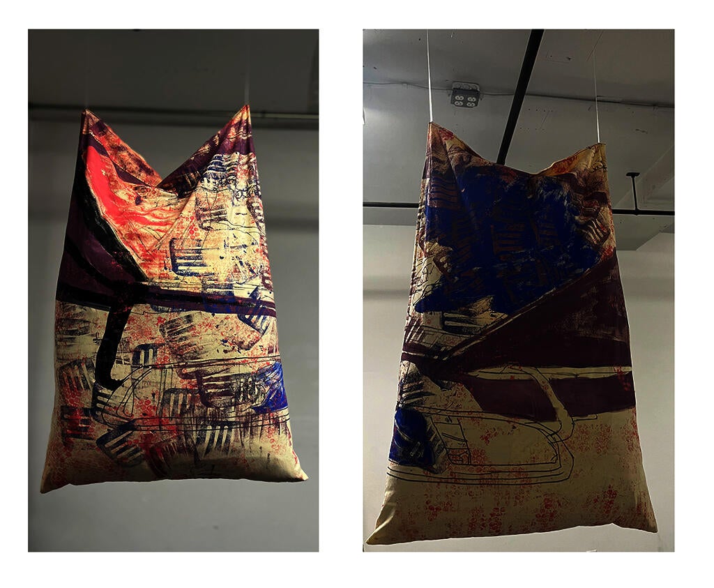 Screen printing and acrylic painting on pillow case (stuffed)