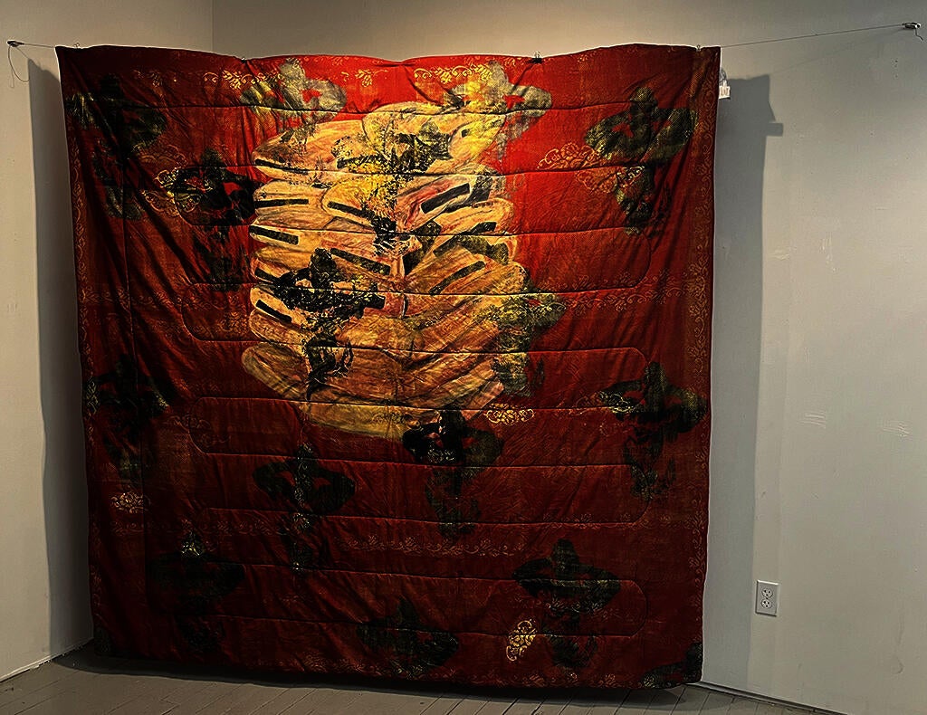 Screenprinting and acrylic painting on blanket