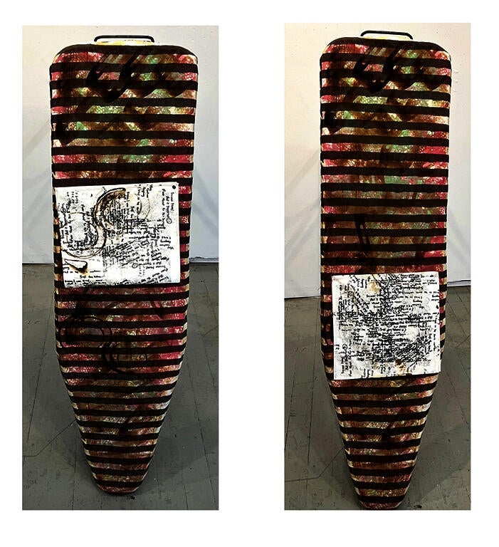 Screenprinting and fabric collage on iron board
