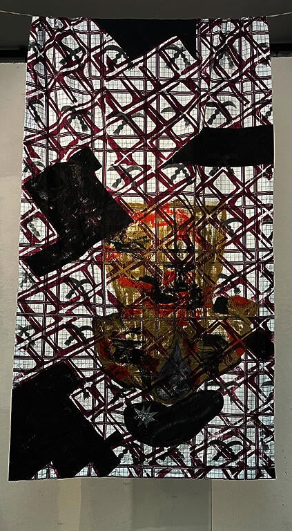 Acrylic painting and screen printing on thrift curtain