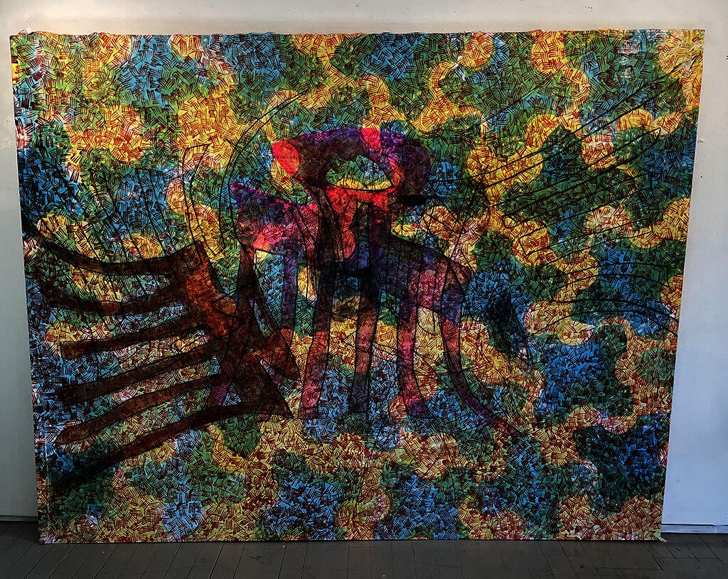 Screen printing, acrylic painting and drawing on bedsheet
