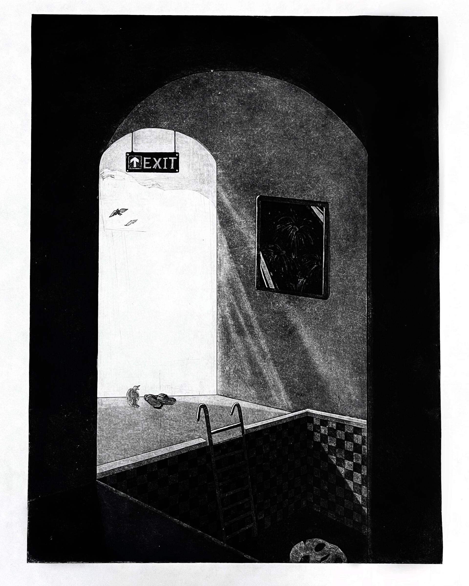 A framed firework picture on the wall; A mask lied in a dried out swimming pool