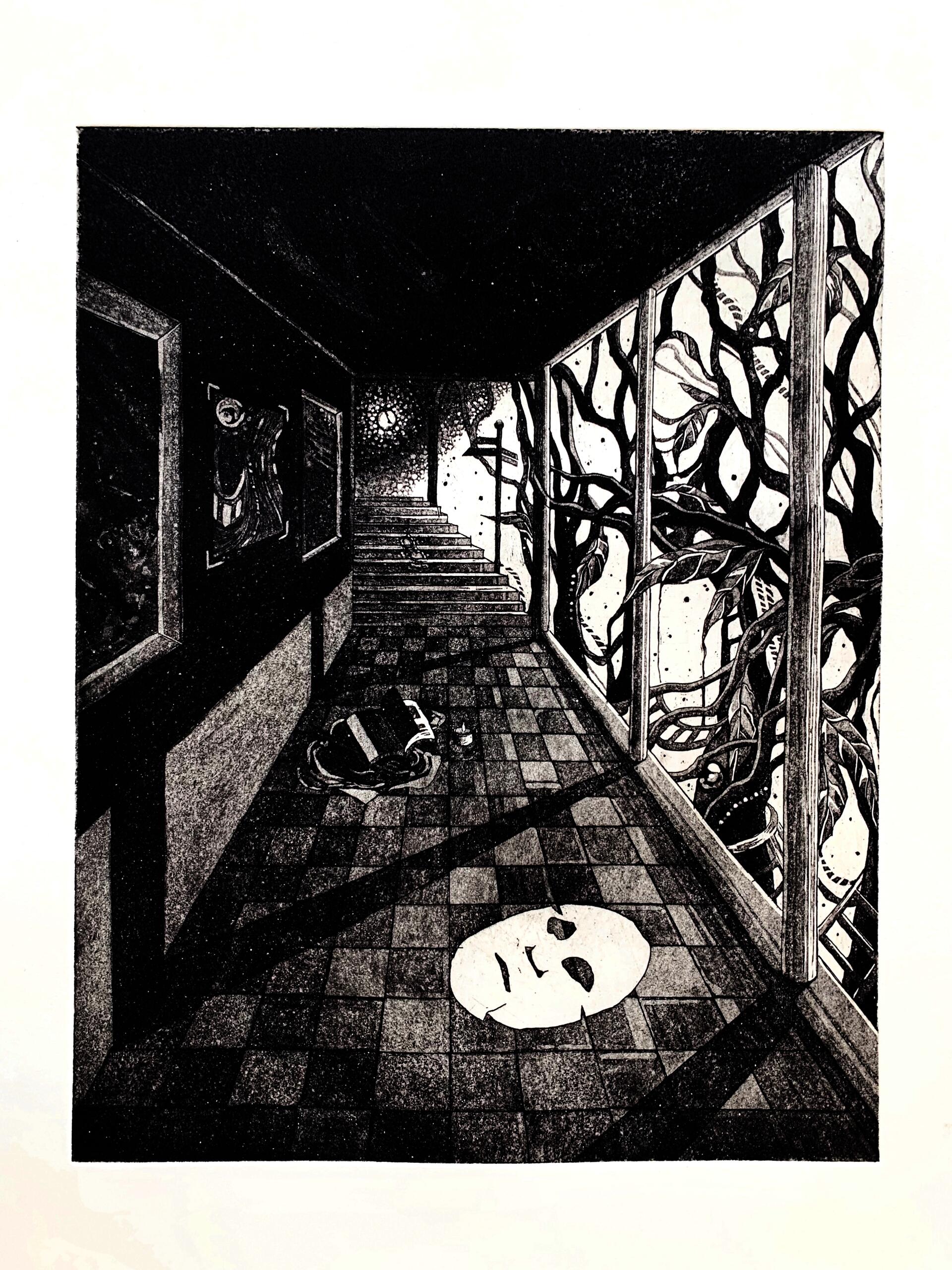 A mask lied on a corridor; outside the window there are trees