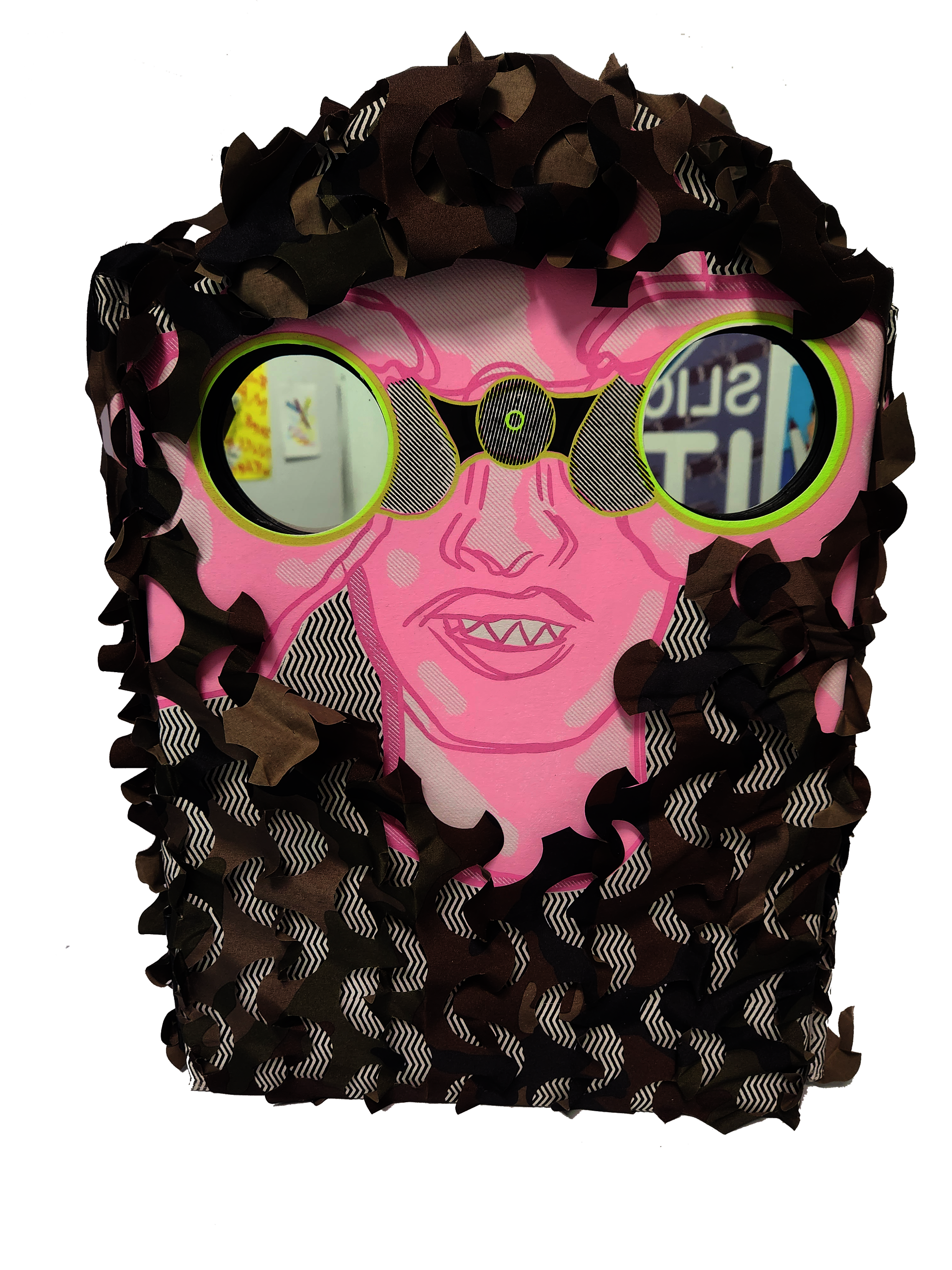 Mixed media object with reflective mirrors.