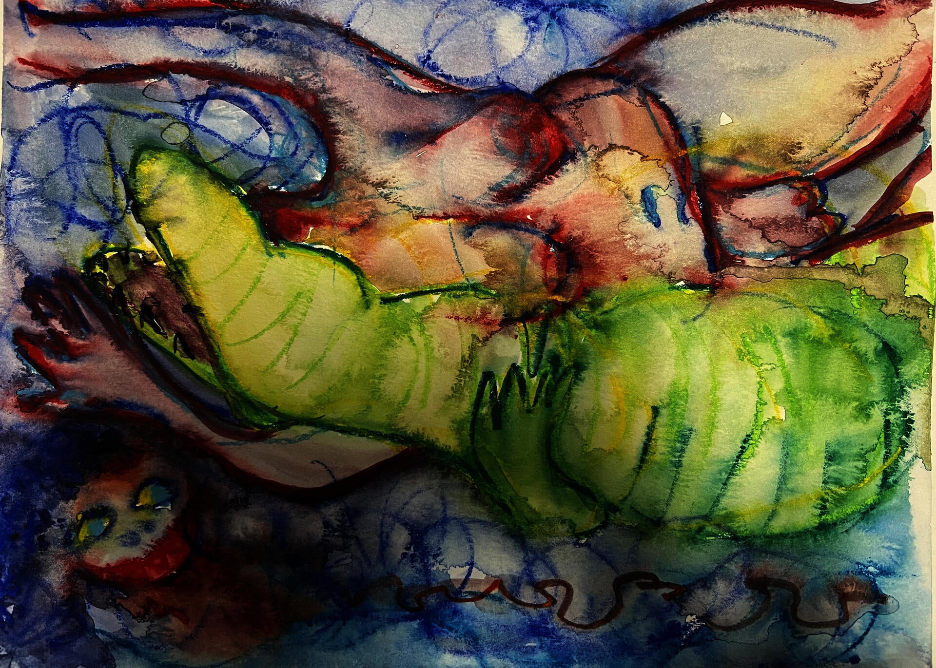 Alligator belly and human with severed head exposing bellies.