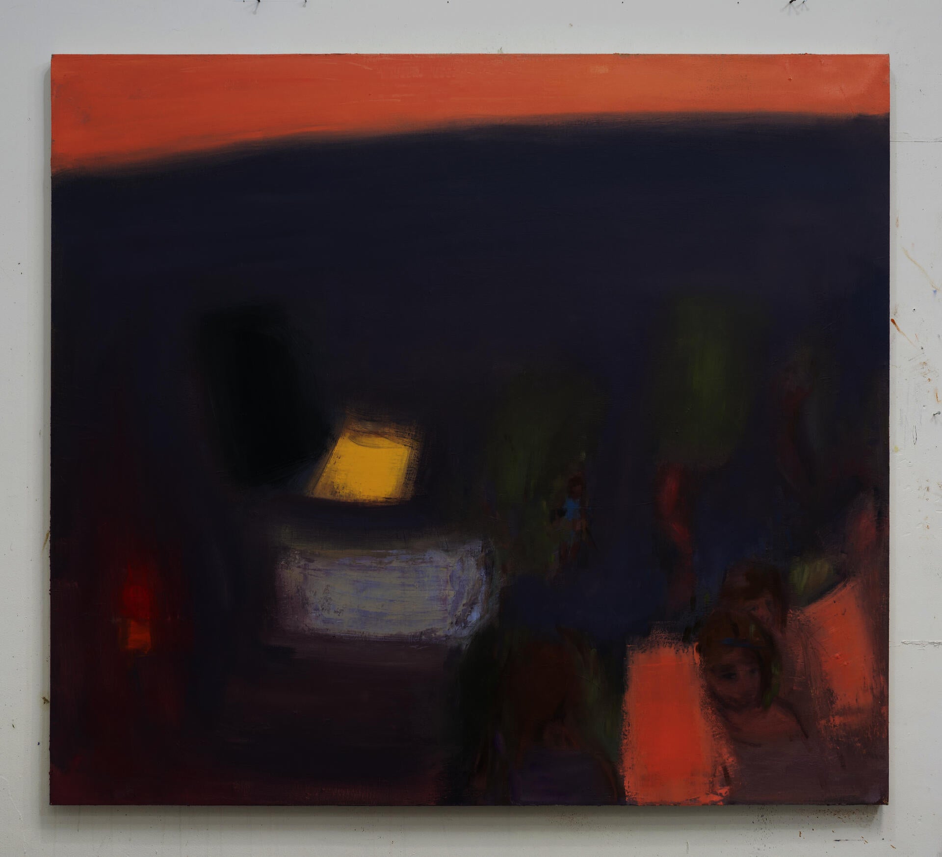 A mostly purple painting with figures and trees