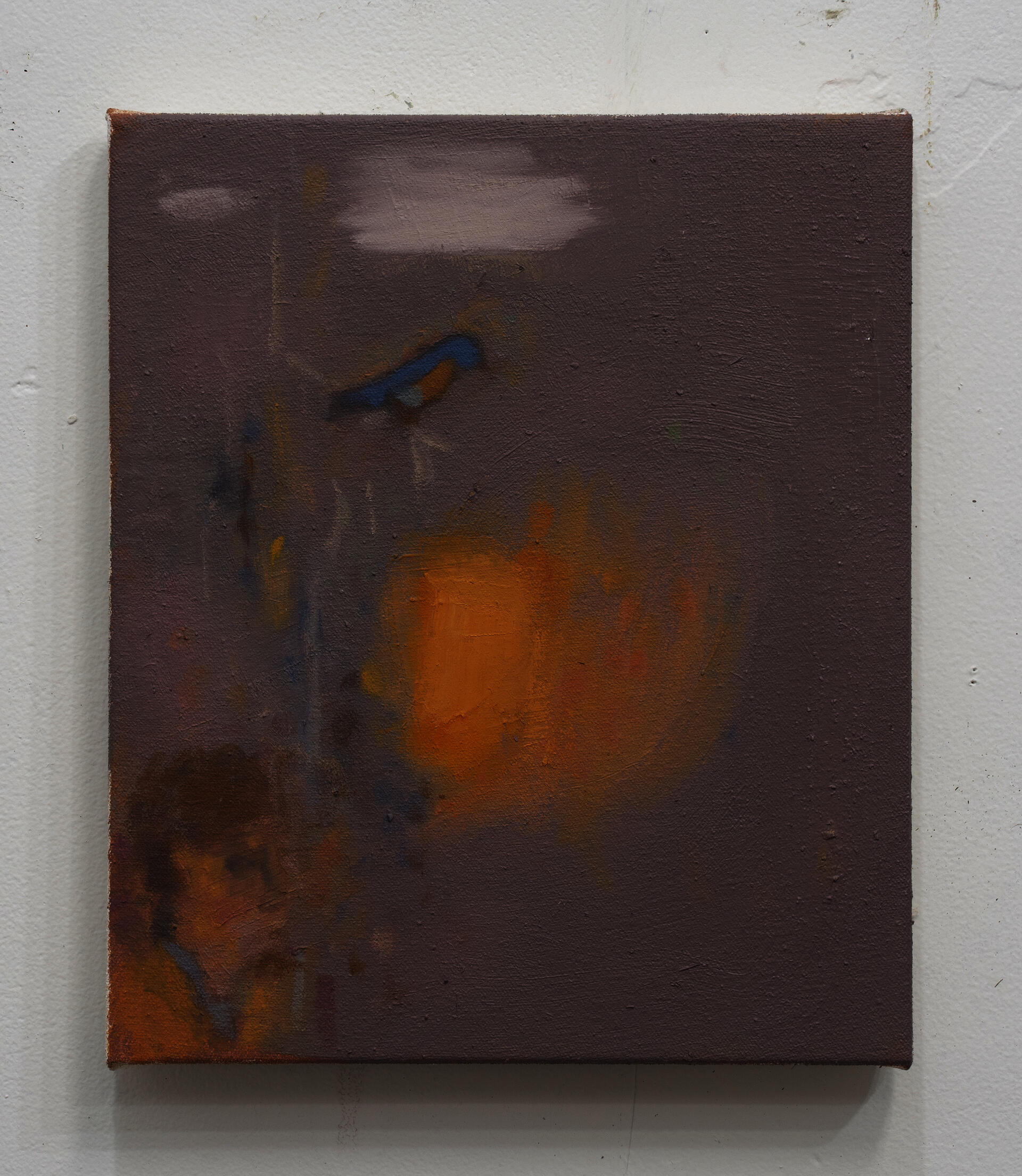 An orange and gray painting with a person and a bluebird